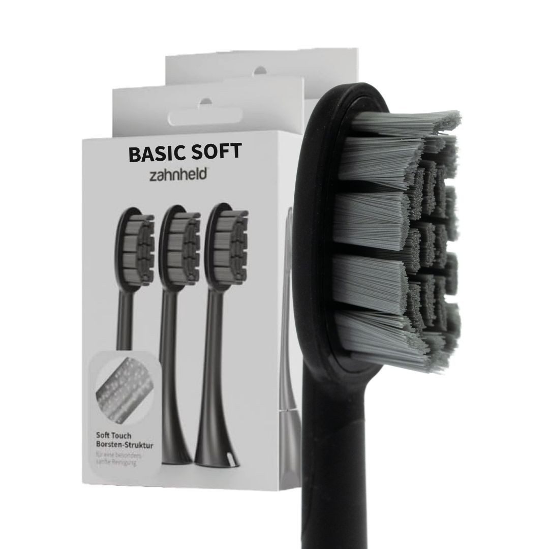 Zahnheld Aufsteckbürsten Ersatzbürsten Basic Soft - ideal für Schallzahnbürste Gero, im 3er, 6er oder 9er Set, Zahnpflege Set, sensibles Zahnfleisch & Zähne, plastikfrei verpackt, 6 Stück, schwarz