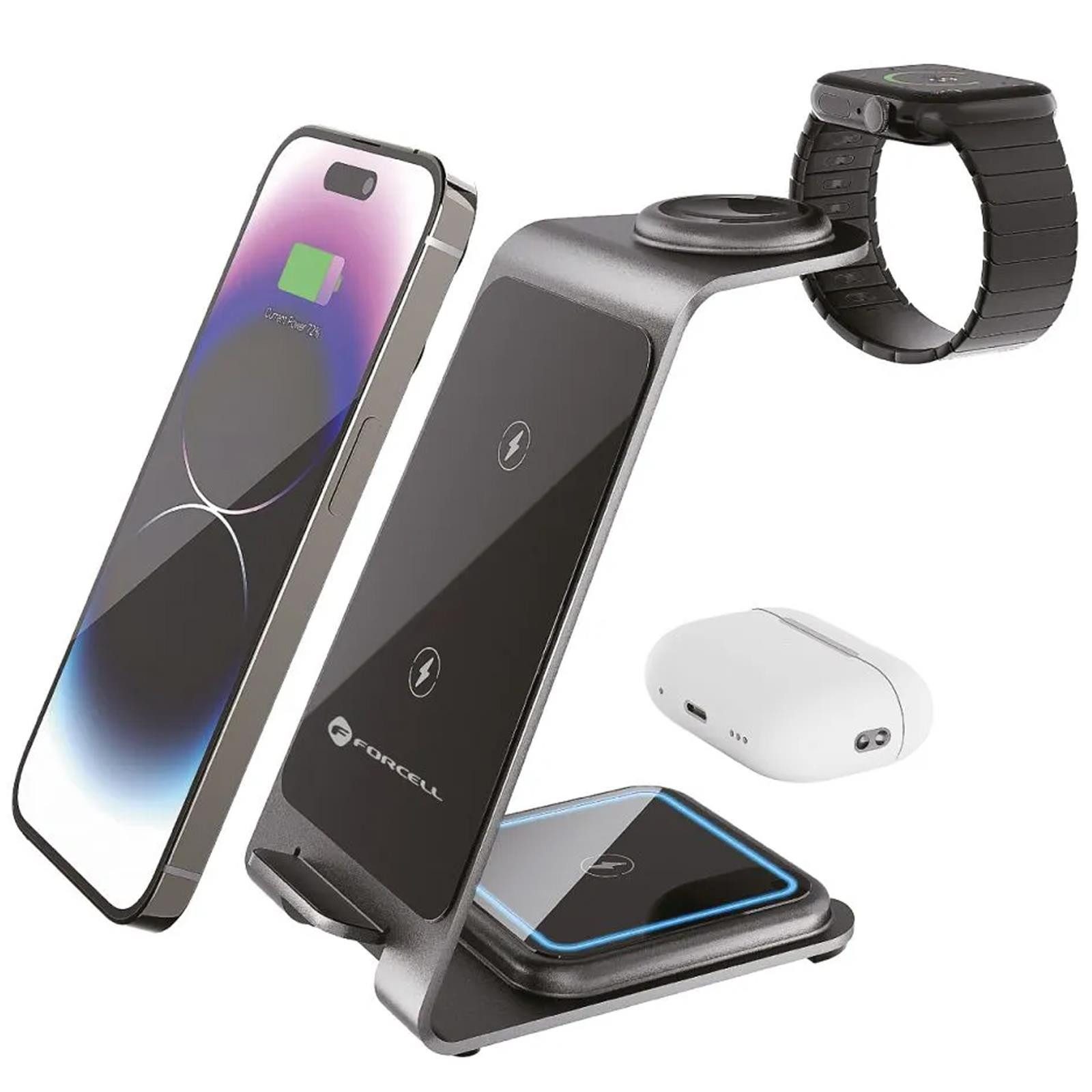 Forcell Forcell 3in1 Ladestation für Apple, Samsung uvm. Smartphone-Ladegerät (Ladestation für iPhone Pods Samsung Galaxy Watch Buds USB Ladegerät)