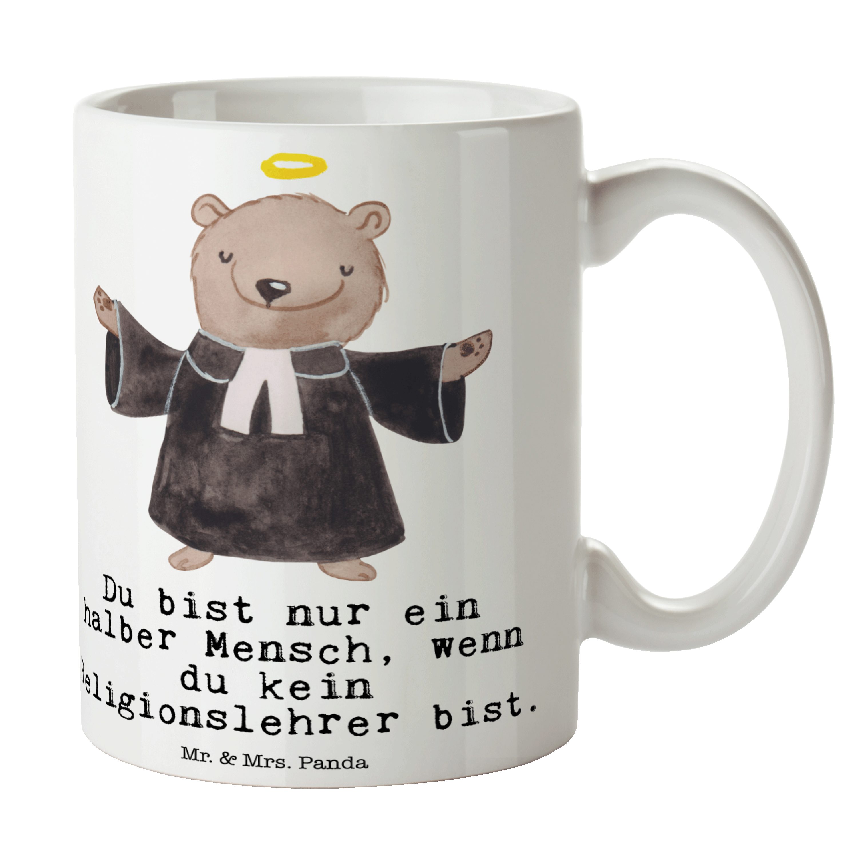 Mr. & - Religionslehrer mit - D, Weiß Tasse, Keramik Tasse Geschenk, Panda Schule, Herz Mrs. Geschenk