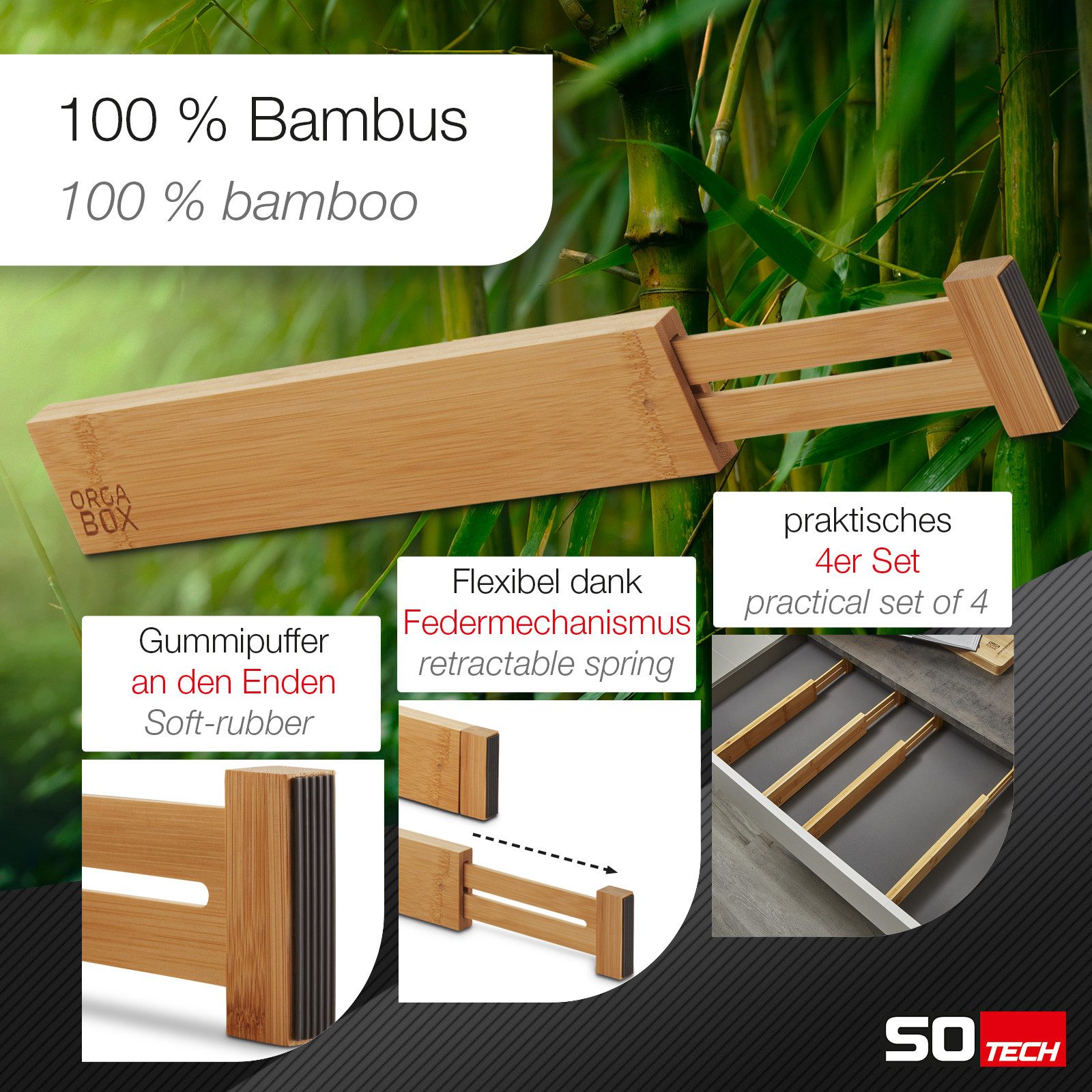 SO-TECH® Besteckeinsatz 4-teiliges ORGA-BOX Bambus Schubladen Trennsystem (Sparset, 4 St), 354 - 482 mm Schubladentrenner, mit Federmechanismus