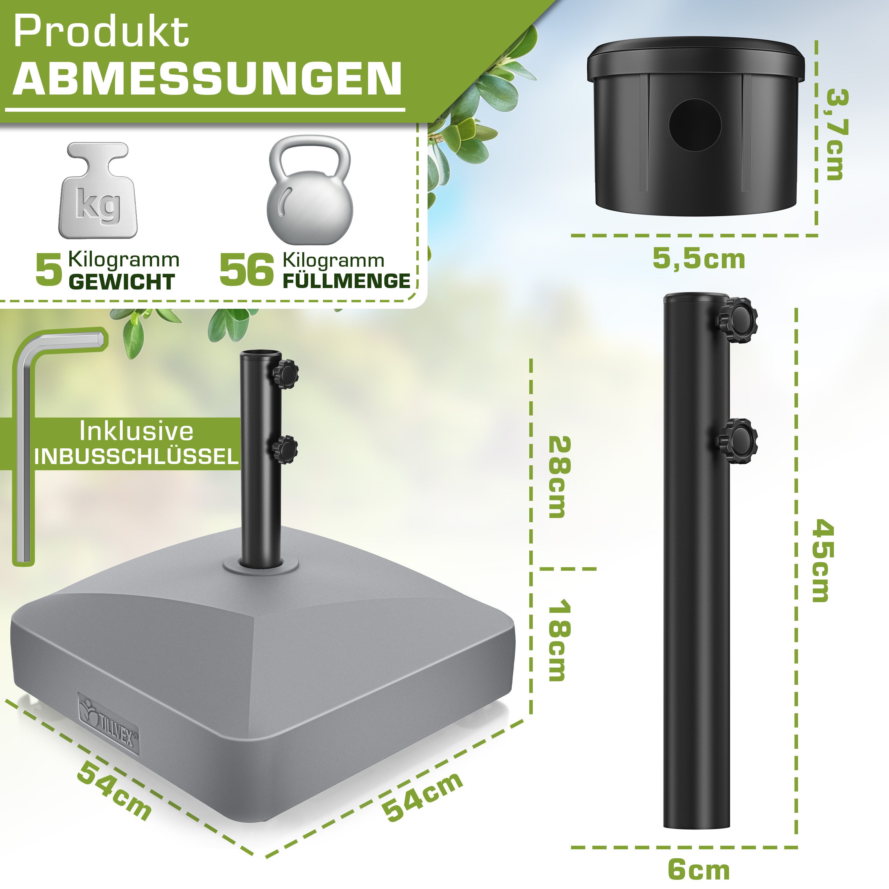 tillvex Sonnenschirm tillvex® Sonnenschirmständer GRAVIA mit Rollen & Bremsen, Schirmständ, & Marktschirm Ø 1,8-3,7m, Ampelschirmständer wetterfest, Schirmständer befüllbar 37 Liter / 56 kg Schirmgewicht Sonnenschirm, Sonnenschirmständer GRAVIA mit Rollen & Bremsen
