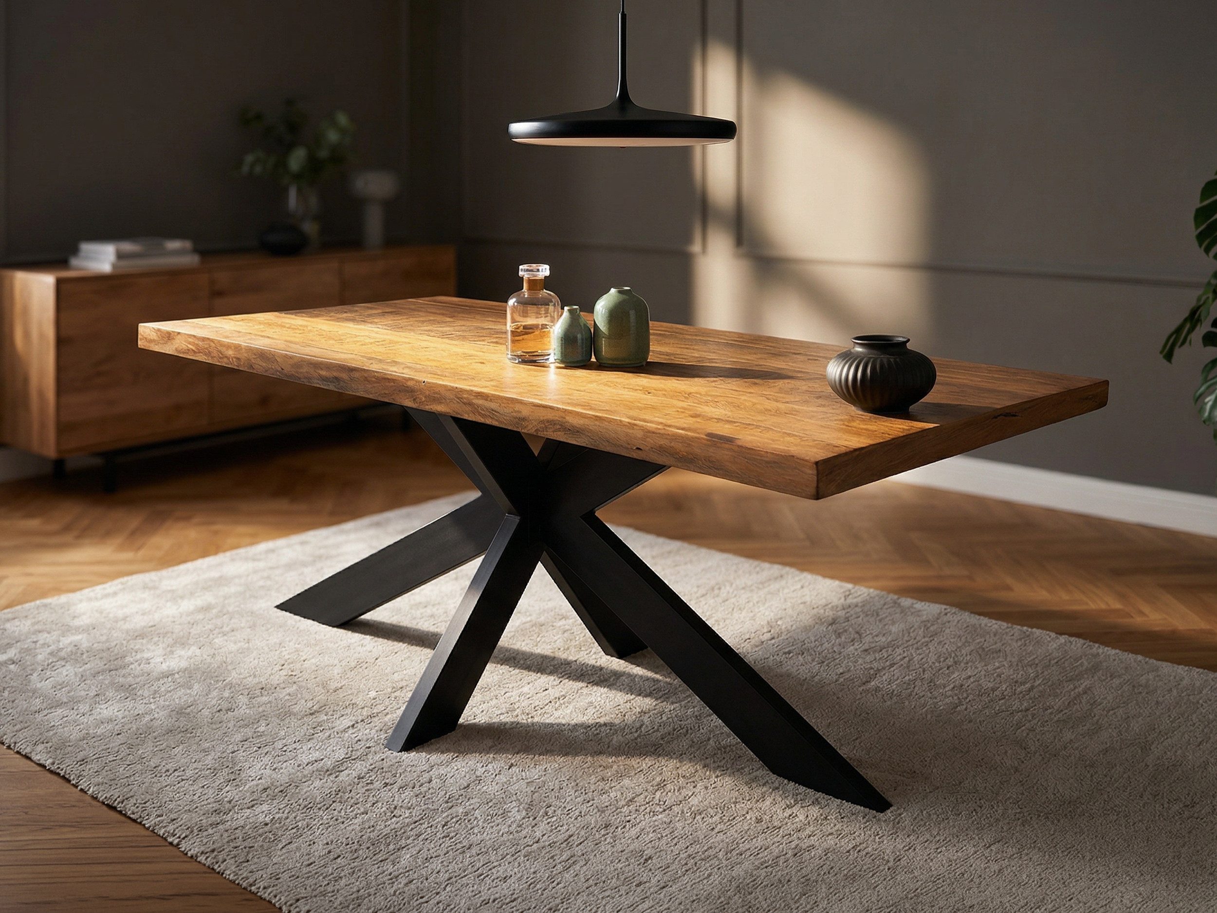 Massivart® Esstisch Mango gebeizt lackiert 200 cm / 55 mm Platte / »TIMKA«, Massivholztisch · Spider Gestell schwarz Metall · Industrial Look