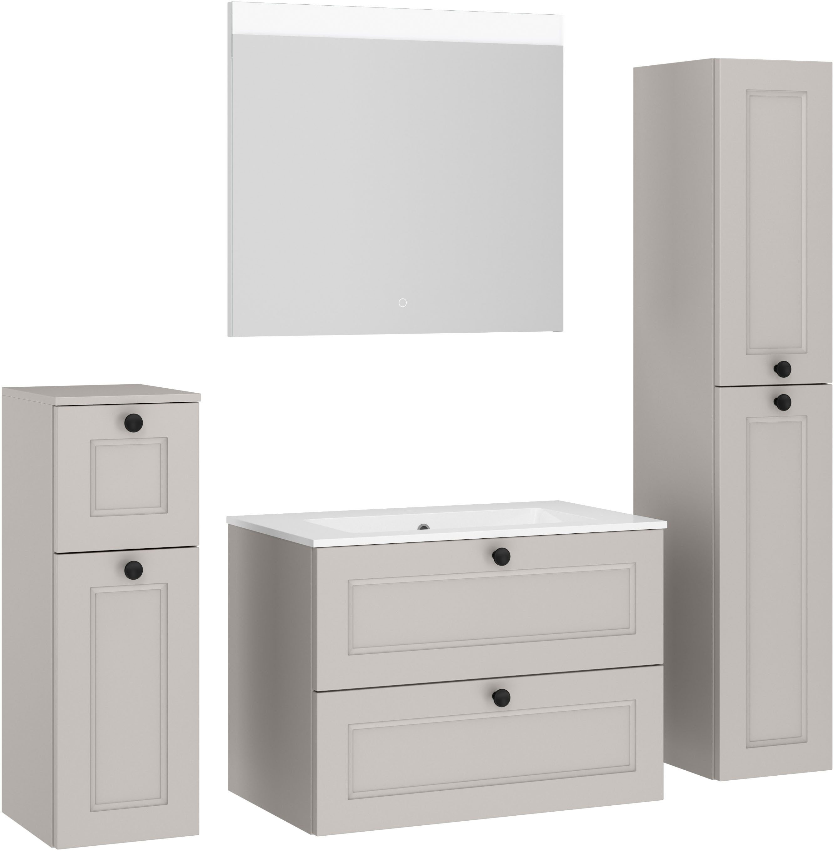 nobilia® Badmöbel-Set Cascada, (Set, 4-St., mit Waschbecken, inkl. beleuchtetem Spiegel mit Touch-Sensor), vormontiert, mit Soft-Close, in vier Breiten