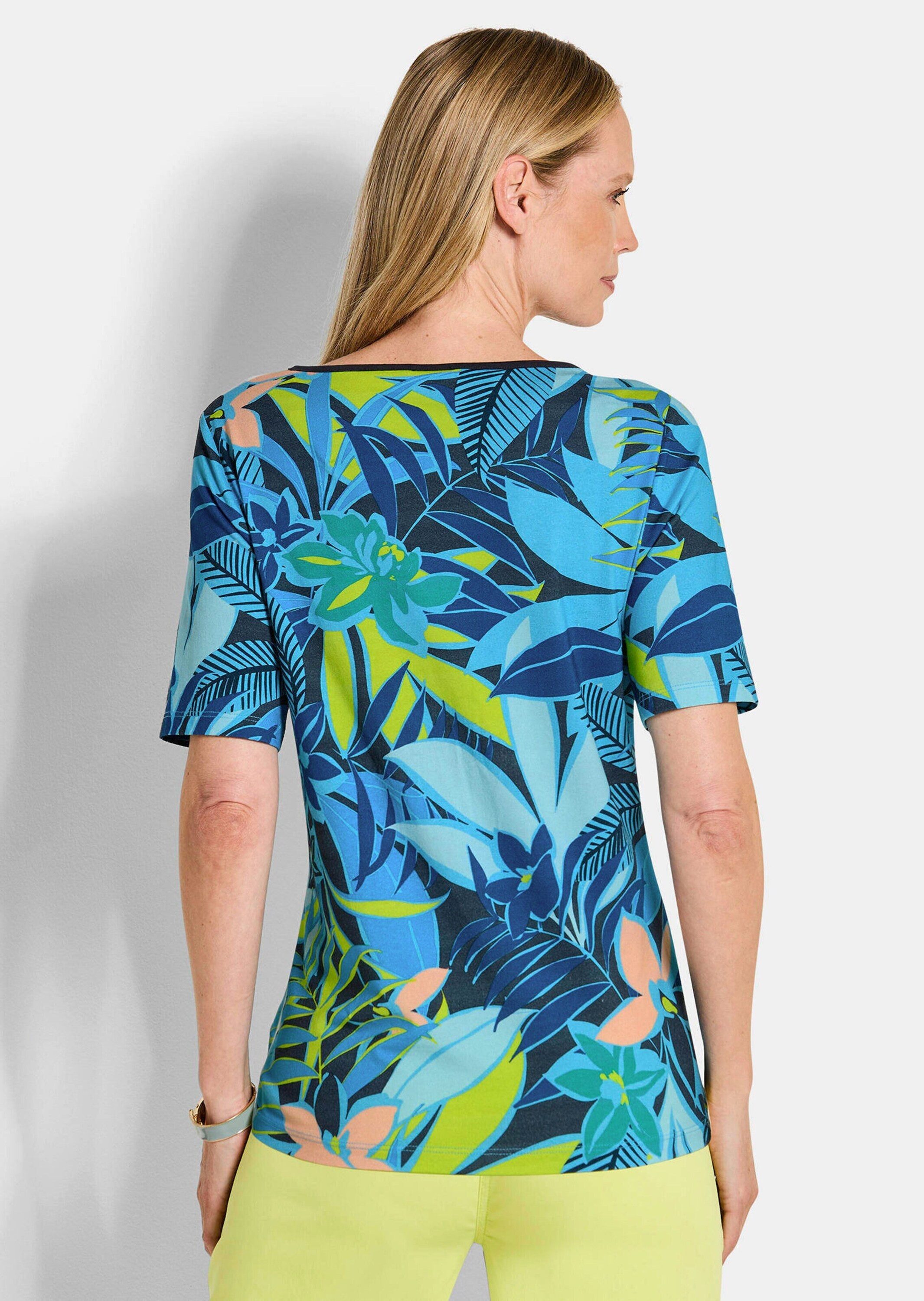GOLDNER T-Shirt Druckshirt mit floralem Print Viskoseshirt mit U-Boot-Ausschnitt und Halbarm