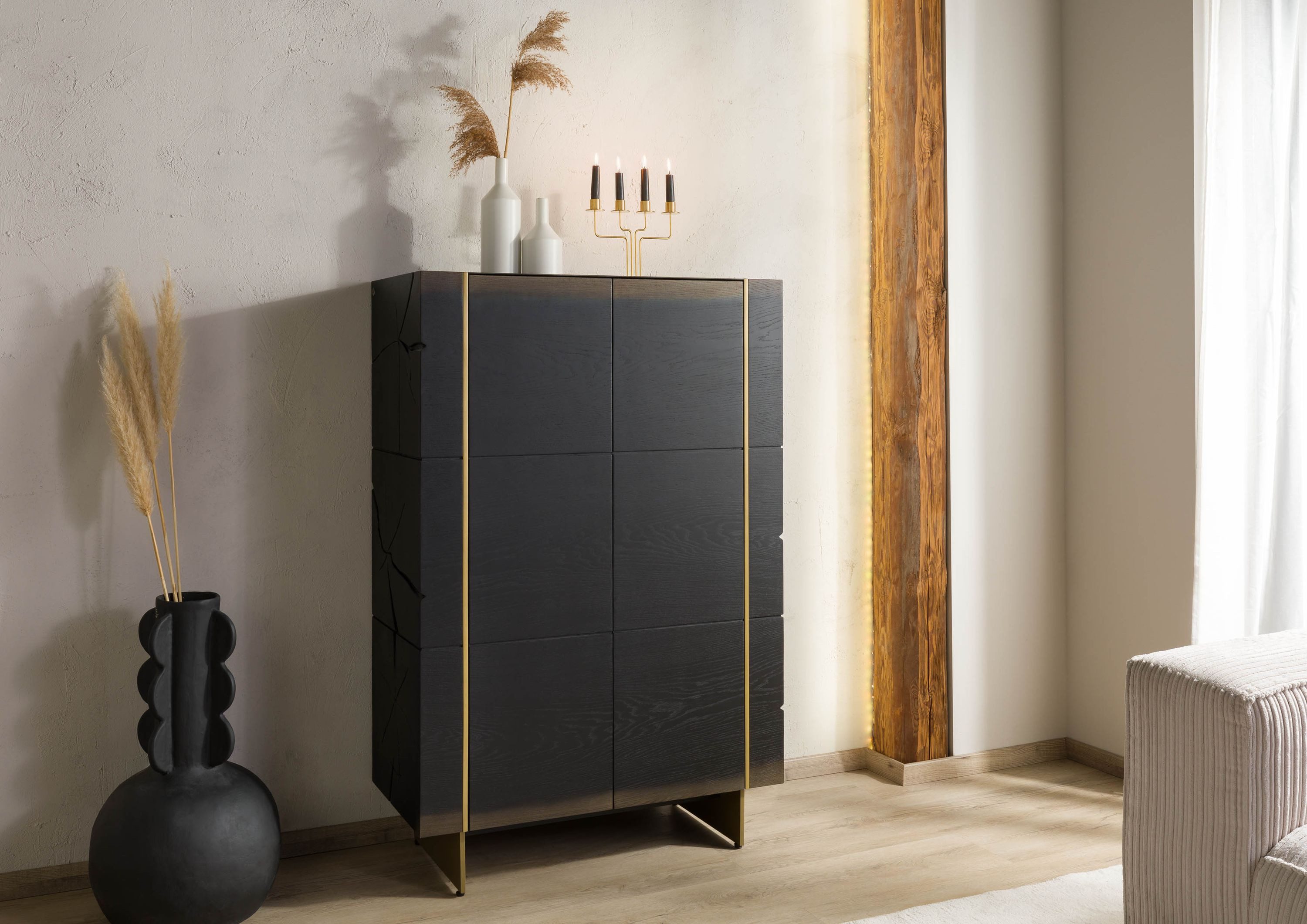Massivmoebel24 Highboard BEAMS (Massivholz), Eiche 94x45x142 dunkelbraun lackiert BEAMS #70