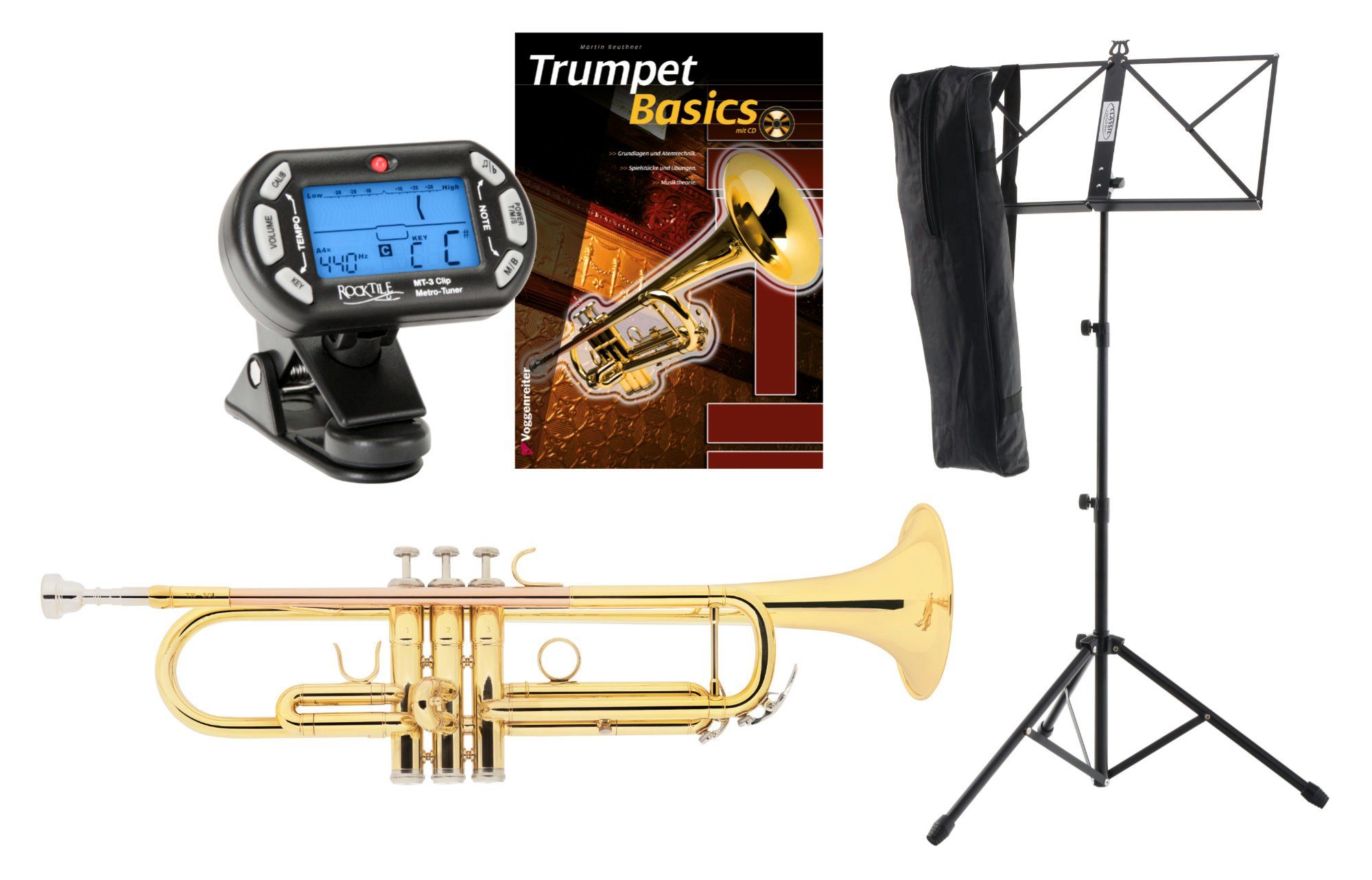 Classic Cantabile Trompete TR-30L Trompete mit 3 Monel-Ventile Bb, Anfänger-Set, inkl. Koffer, Mundstück, Tuner & Notenständer, Züge: Neusilber, Mundrohr: Goldmessing