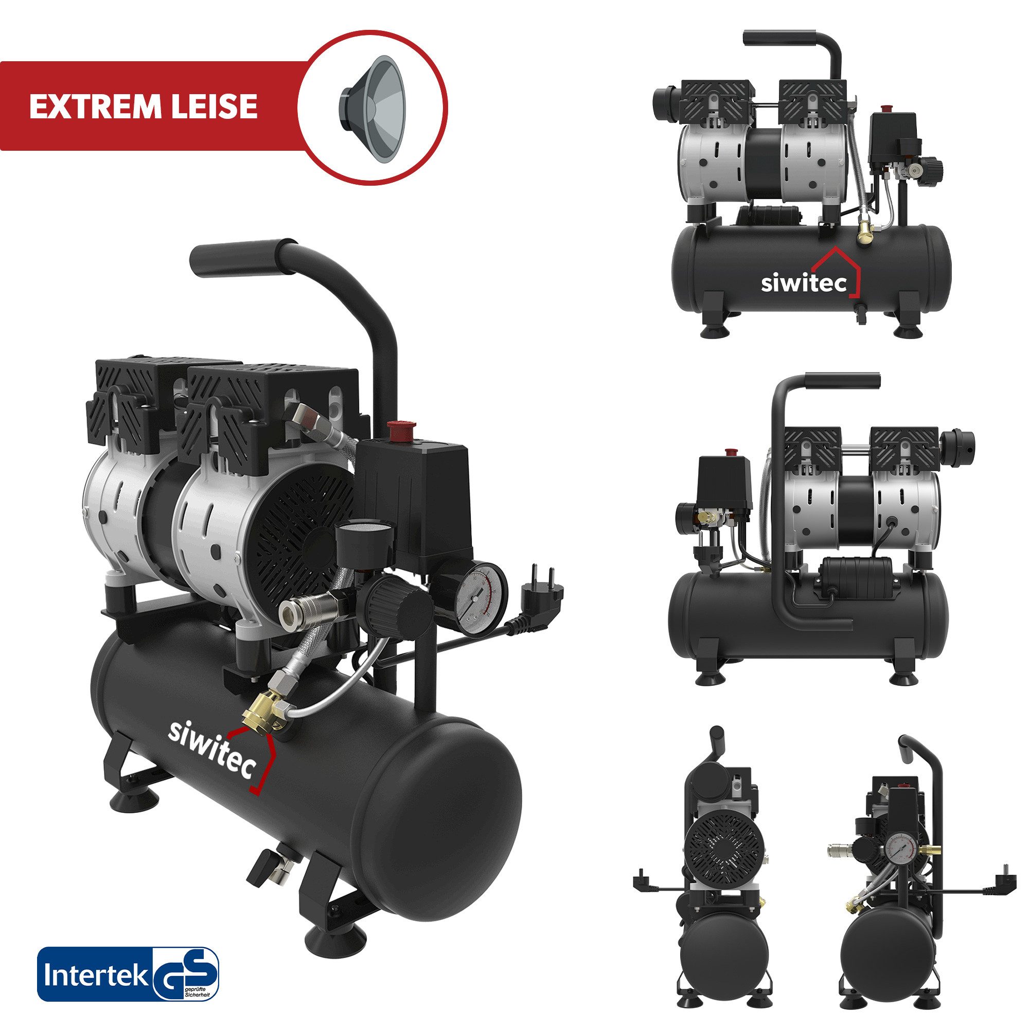siwitec Kompressor Flüsterkompressor 550 W Set mit 5 m Druckluftschlauch, Druckluft-Reife, 550 W, max. 8,00 bar, 6,00 l