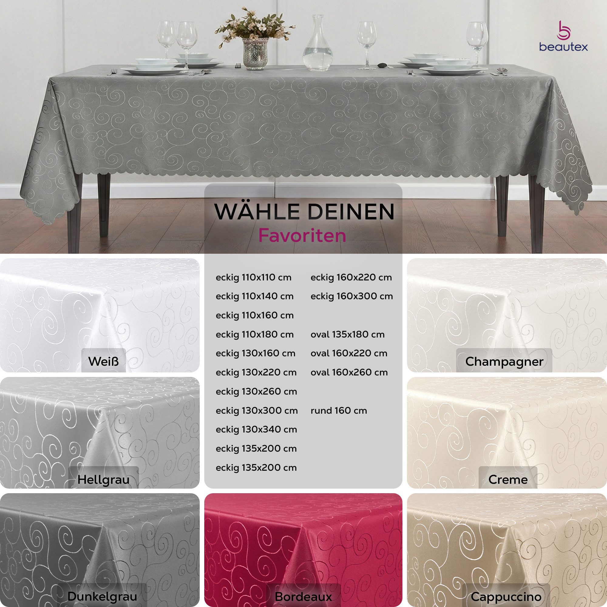 Beautex Tischdecke Damast Ornamente bügelfrei fleckenabweisend pflegeleichte Tischwäsche (1-tlg), Lotuseffekt, Formstabil, Strapazierfähig, Eleganter Glanz, Kni – Bild 5 von 5