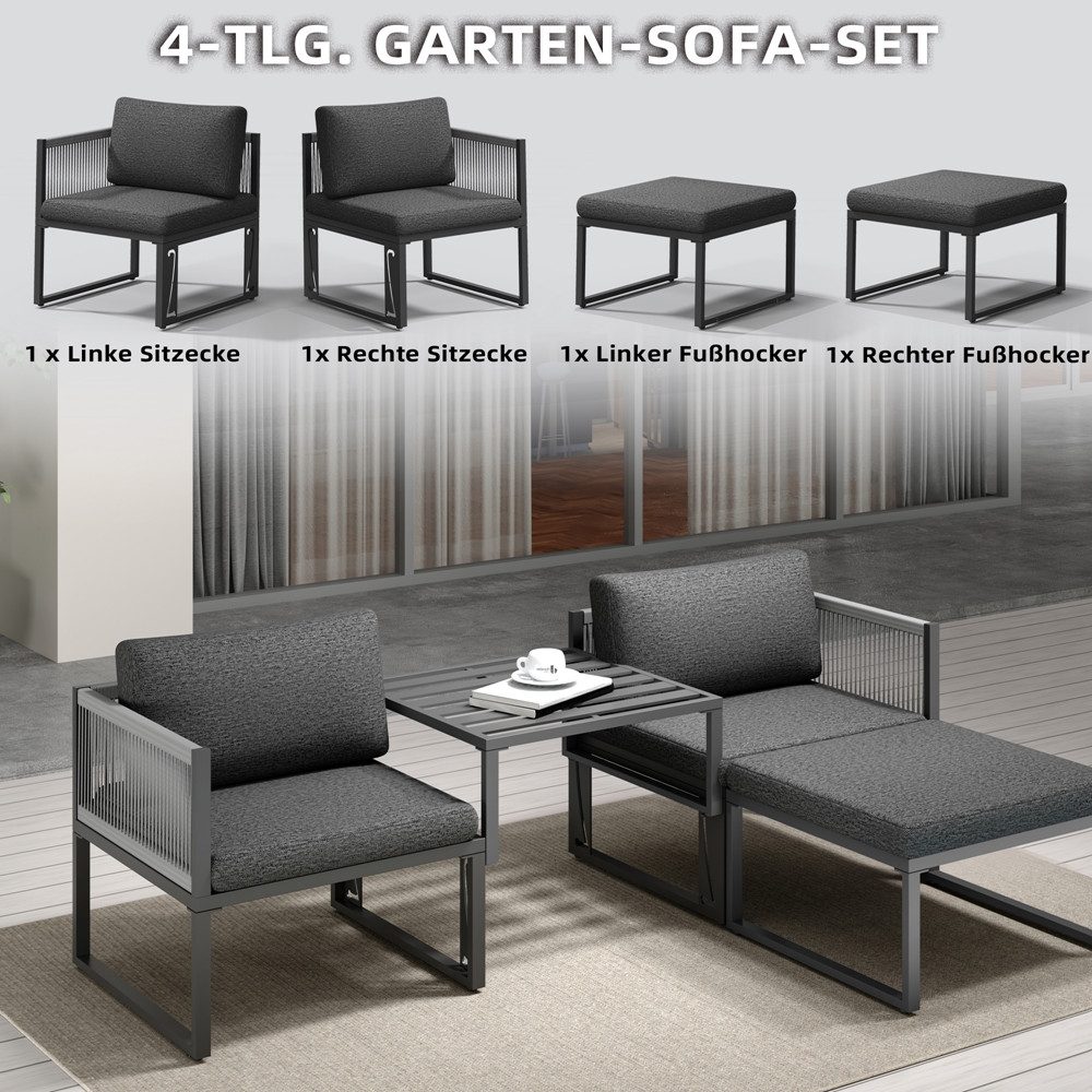 Melko Sitzgruppe Möbelset Aluminium Balkon Set wetterfest Gartenmöbel Sitzgarnitur, (inkl. höhenverstellbare Füße, 4-tlg., Aluminiummöbel), Hocker kann je nach Bedürfnissen als Tisch oder Liege verwendet werden