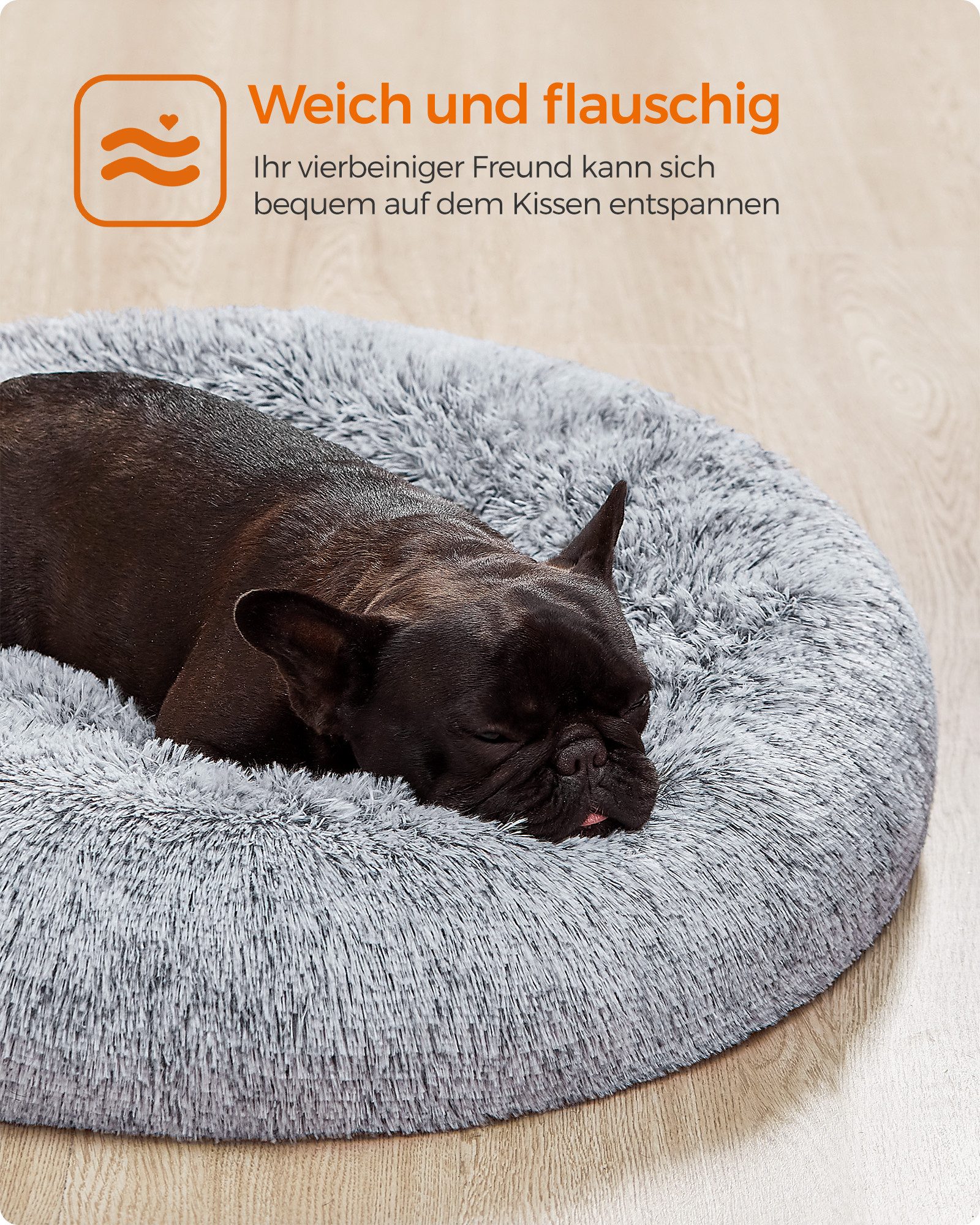 FEANDREA Hundebett flauschig, Katzenbett, Donut Kissen, waschbar, Polsterung in der Mitte herausnehmbar, 70 cm Durchmesser