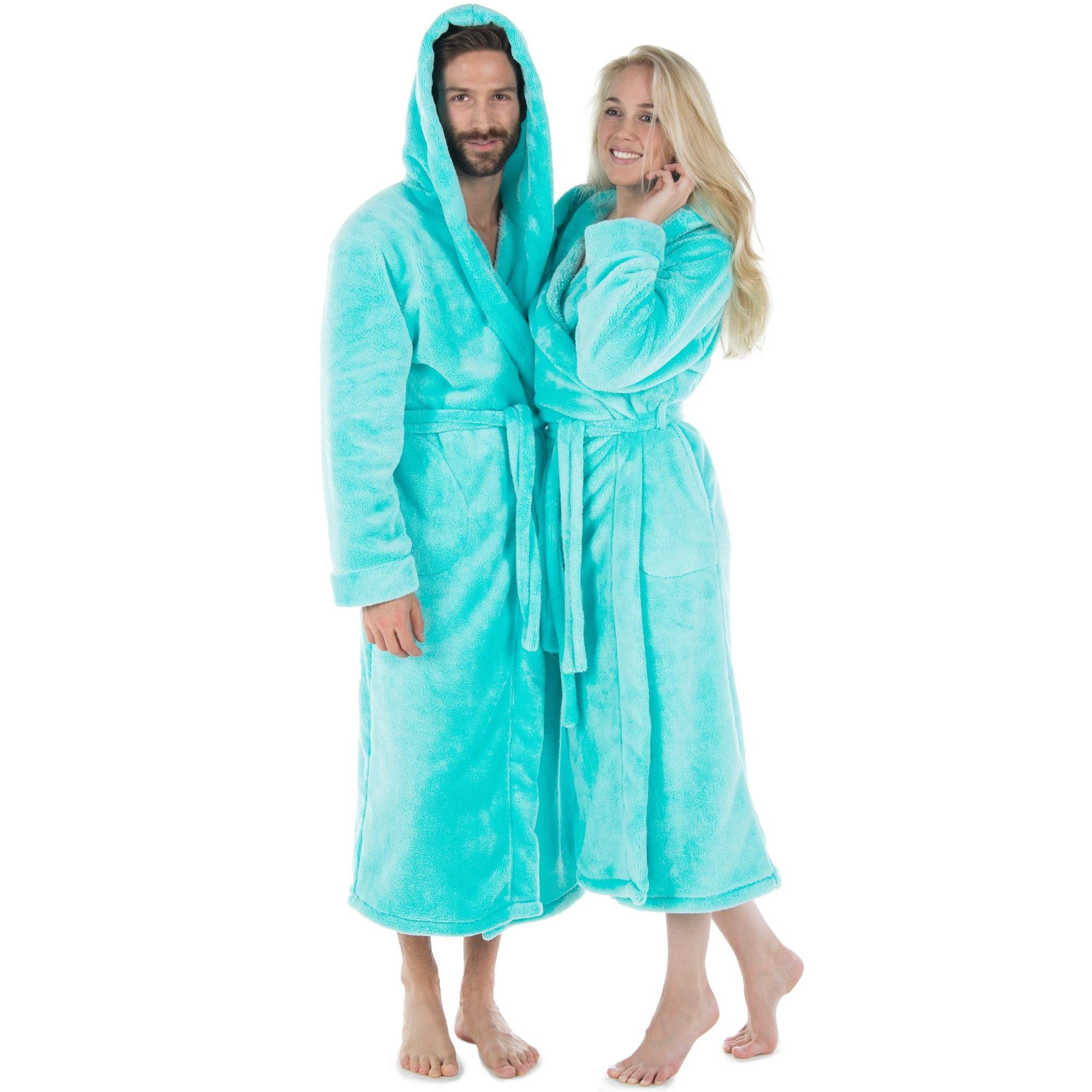 CelinaTex Bademantel Morgenmantel Kapuze Fleece wadenlang für Sie&Ihn Samos M türkis, Polyester