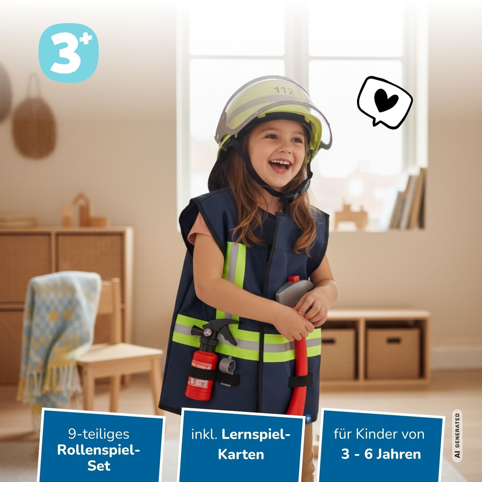 alldoro Spielzeug-Schutzweste Feuerwehr Rollenspiel & Lernset, Feuerwehr-Kostüm für Kinder 3-6 Jahre, 9 Teile, Verkleidung mit Weste, Helm, Zubehör & 8 Lernkarten