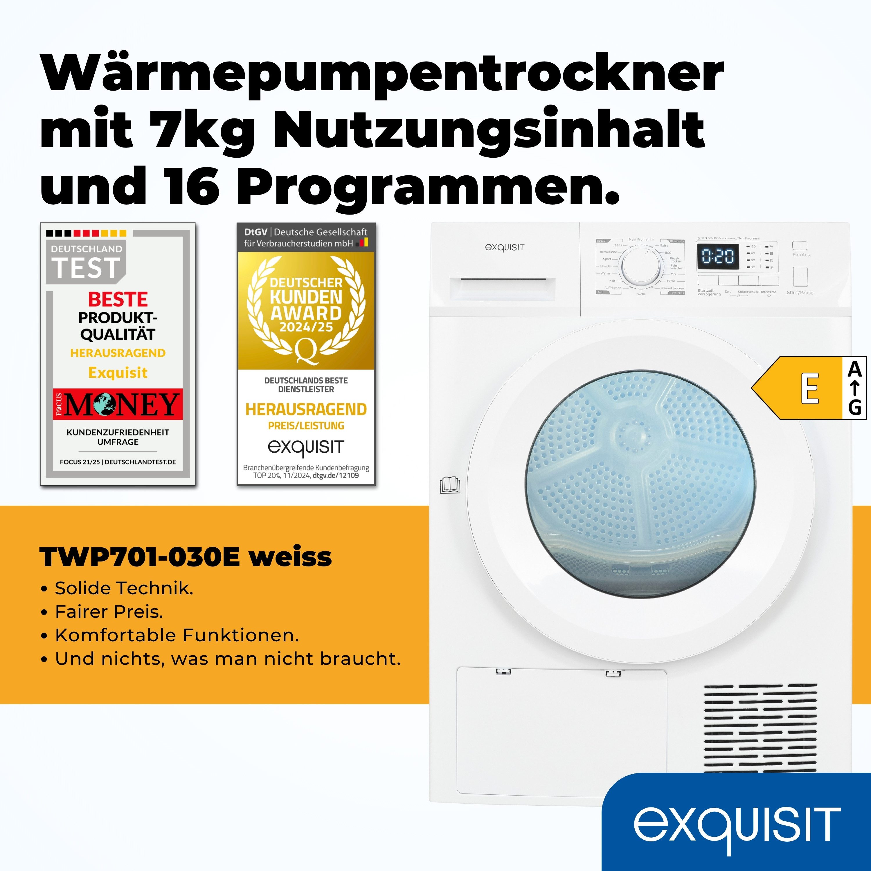 exquisit Wärmepumpentrockner TWP701-030E weiss, 7 kg, 16 Programme, Restlaufzeitanzeige, Knitterschutz, LED-Licht