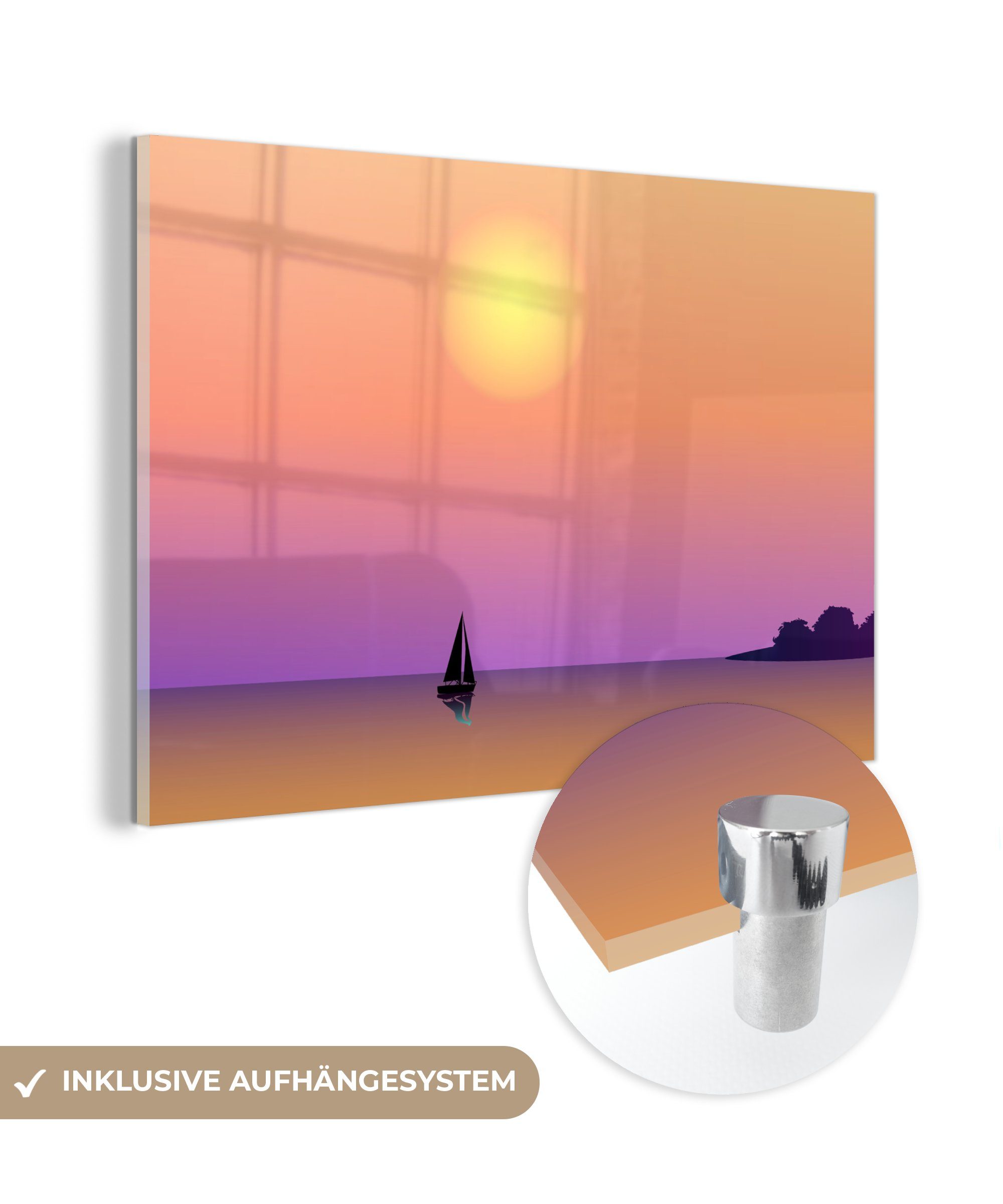 MuchoWow Acrylglasbild Boot - Segeln - Sonne - Nacht, (1 St), Acrylglasbilder Wohnzimmer & Schlafzimmer