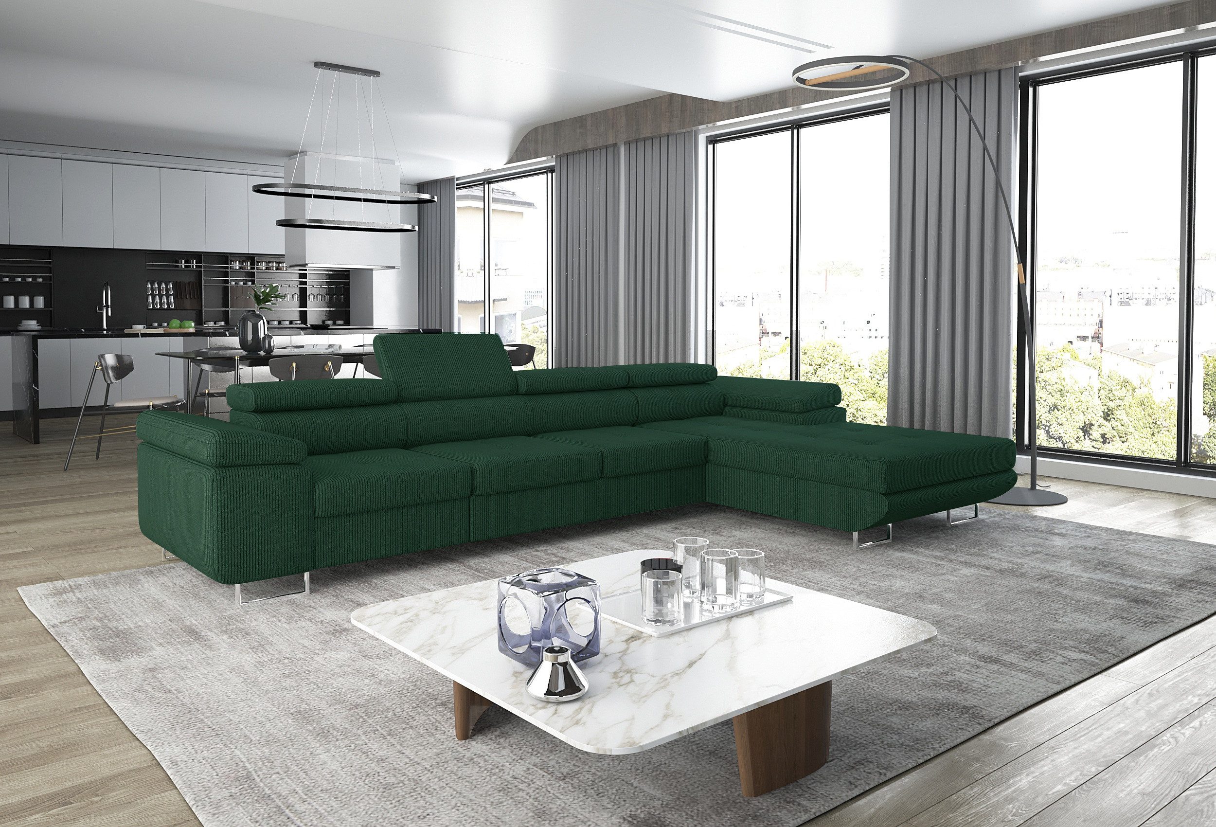 thematys Ecksofa ALVARO MAXI 355 x 204cm mit Schlaffunktion & Bettkasten –, L-Sofa mit 4 verstellbaren Kopfstützen, Samt (Monolotith), oder Cord (Poso) - L-Form, XL-Wohnlandschaft, 355 cm breit