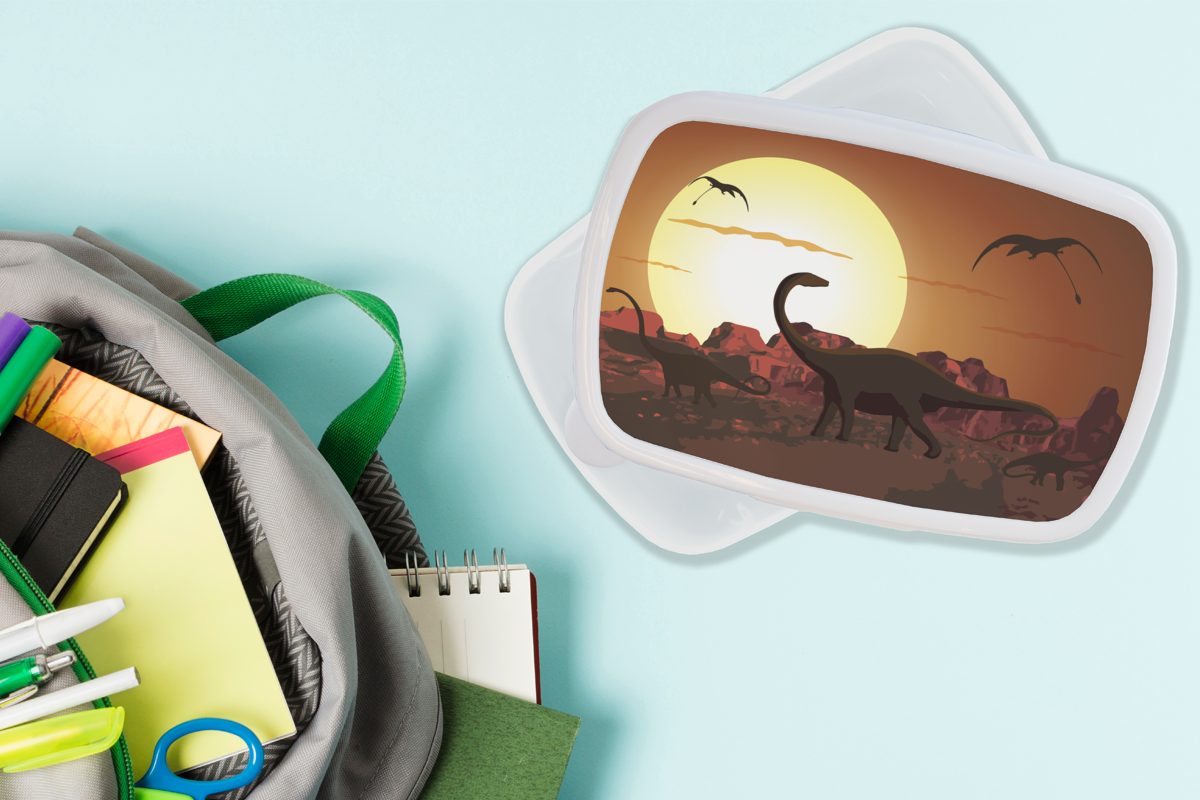 MuchoWow Lunchbox Dino - und Mädchen Jurassic für - weiß Jungs Brotbox Zeichnung - für - Kinder Kinder, (2-tlg), Kunststoff, - Jungen Brotdose, Sonne und Erwachsene