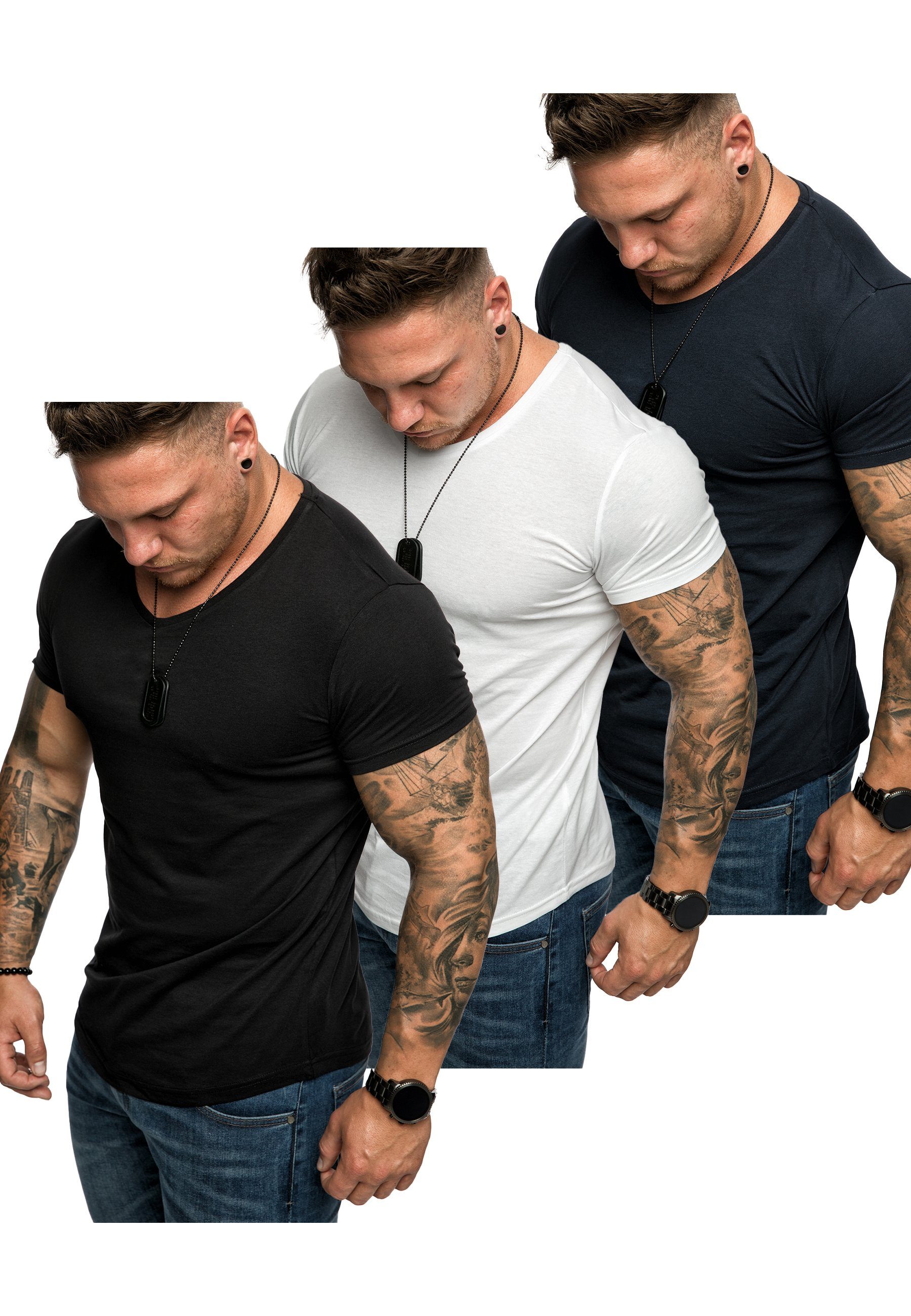 Weiß (3er-Pack) Amaci&Sons T-Shirts 3er-Pack (Navyblau mit 3. V-Ausschnitt + Herren Schwarz) Basic T-Shirt T-Shirt Oversize BELLEVUE +