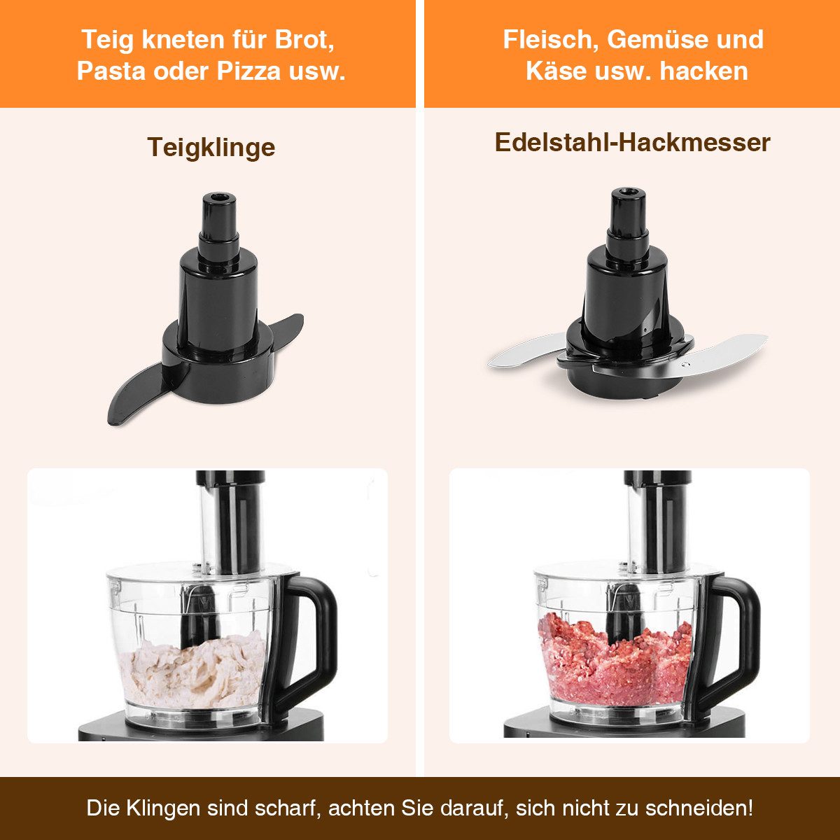 7MAGIC Kompakt-Küchenmaschine Standmixer 9 in 1 Multifunktional Food Chopper, Food Processor, 750 W, inkl. Zerkleinerer, 1,8L mixerbecher und weiteres Schneidzu – Bild 4 von 5