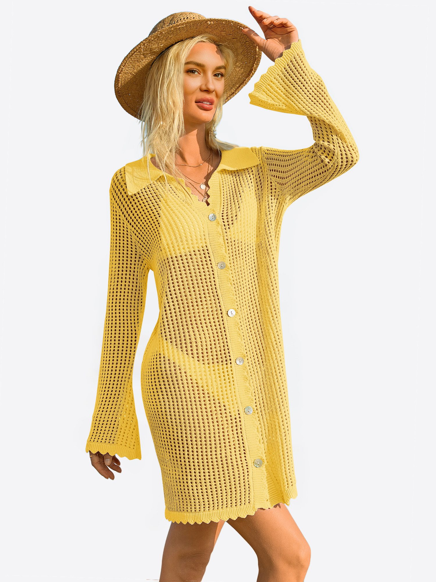 Imily Bela Strandkleid Damen Cover-up mit Lochmuster Knopfleiste Bikini Sommer (Packung, 1-tlg., 1per-Pack) gehäkelt in Unifarbe