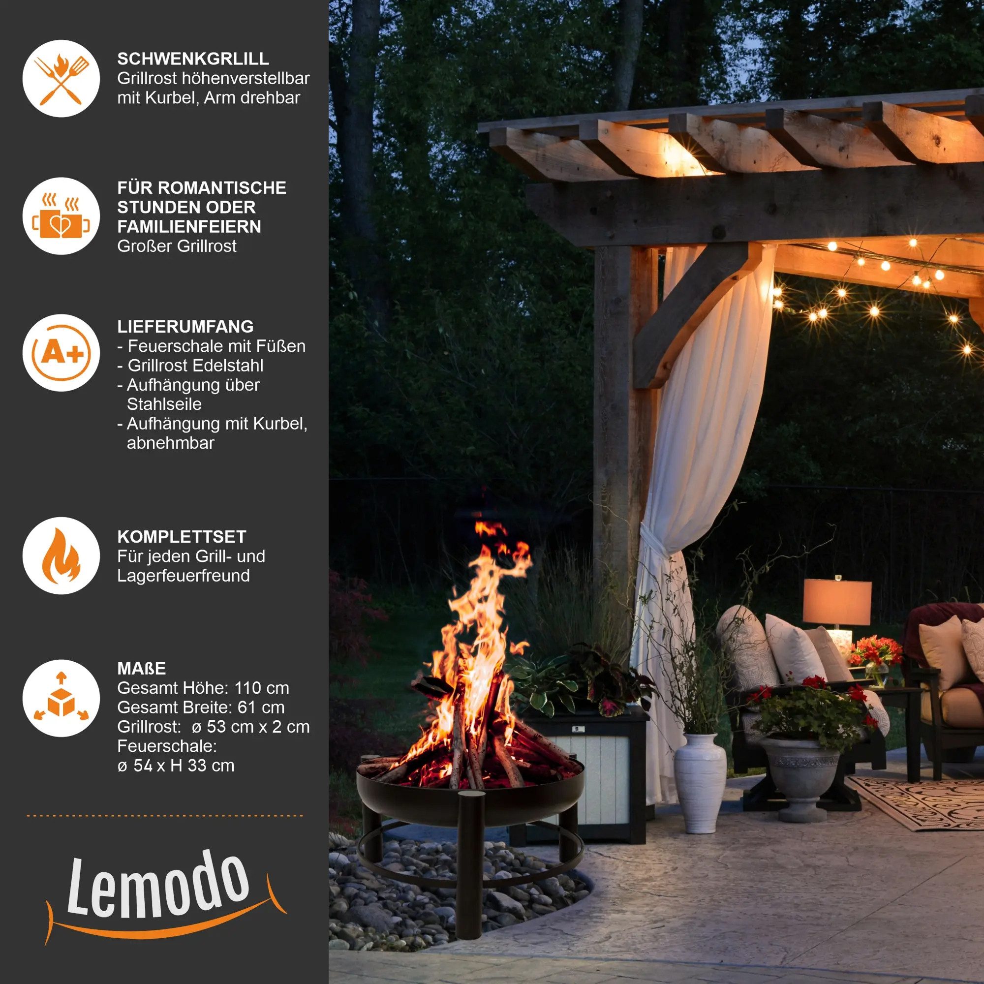 Lemodo fire bowl swivel grill with height-adjustable grill grate, (1 set), swivel grill with grill grate, height-adjustable with crank, fire pit