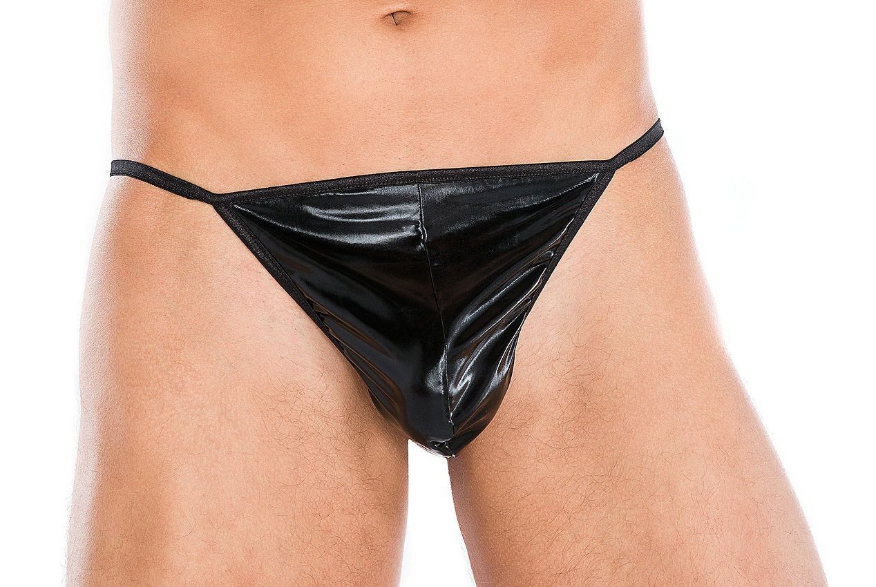 String Wetlook-Slip Schwarz mit Bänder sexy Unterwäsche Männer String mit Aus