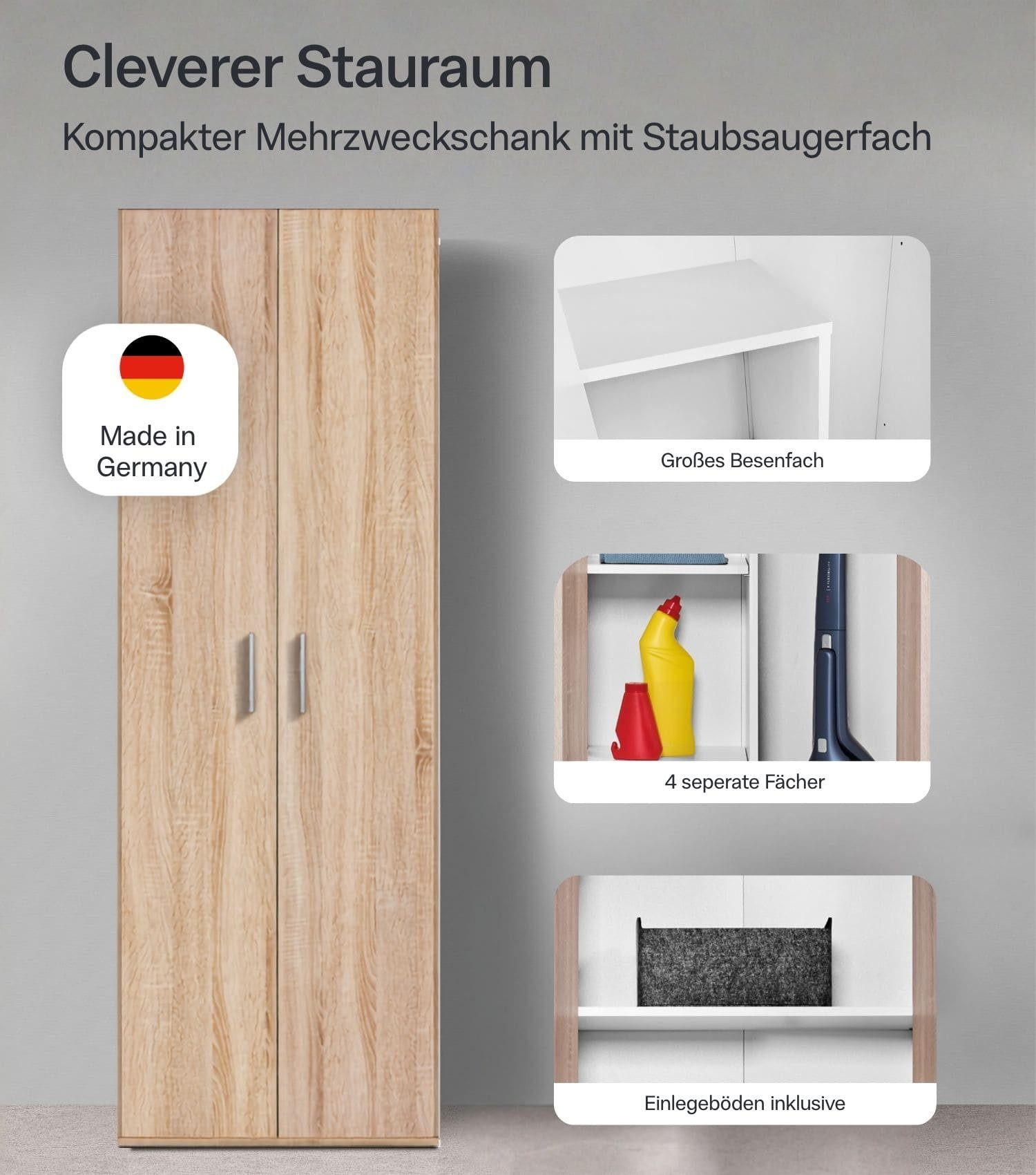 mokebo Mehrzweckschrank Der Lange (60x180 cm, mit Staubsaugerfach) Made in Germany Schrank