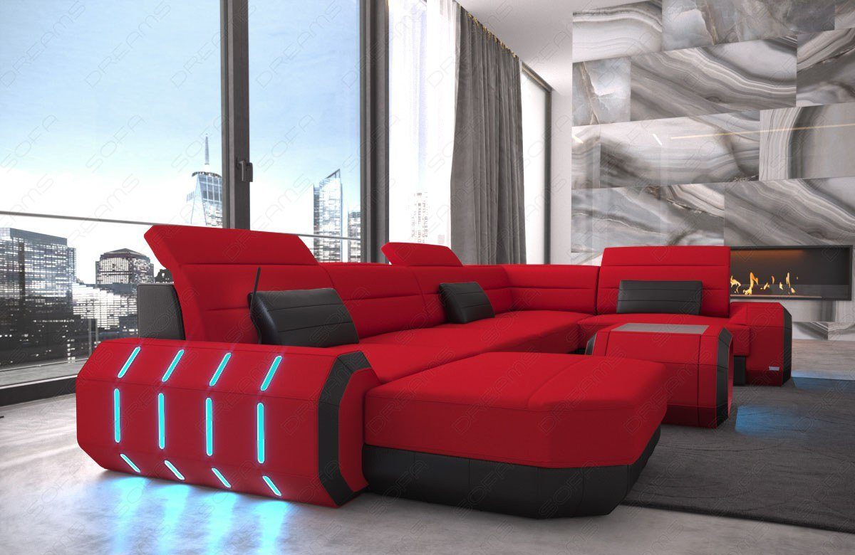 U Stoff rot-schwarz Schlaffunktion Wohnlandschaft wahlweise Mikrofaser M Design Form mit Couch Sofa Polster Stoffsofa, Roma Dreams Sofa