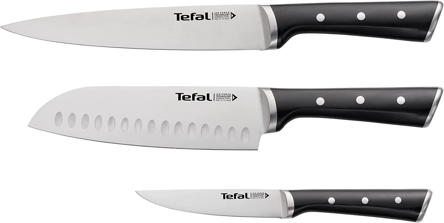 Tefal Messer-Set K232S374 (Ice Force 3-teiliges Messerset, 3-tlg., Fleischmesser, Santokumesser, Universalmesser), lang anhaltende Schneidleistung und Schärfe Edelstahl