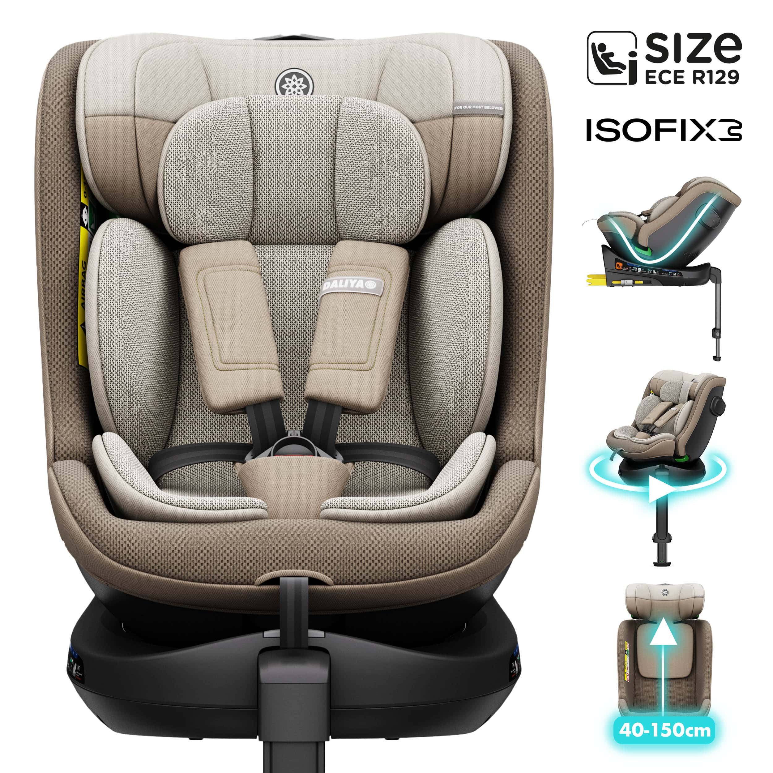 Daliya® Autokindersitz BRAVO i-Size Auto-Kindersitz, 360° drehbar, mitwachsend, atmungsaktiv, ab: ab Geburt, bis: bis 12 Jahre, ab: 40 cm, bis: 150 cm, (Neugeborenen-Set, 4-tlg), 8 Stufen Sitzneigung, verstellbare Kopfstütze, Stützbein, Belüftet