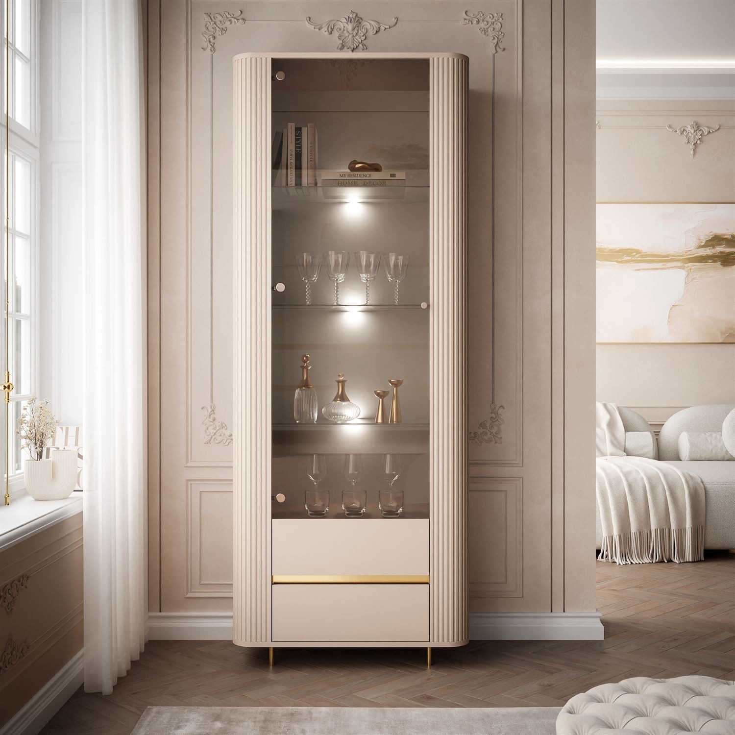 Lookway Glasvitrine MIRAGE GOLD mit LED-Beleuchtung und geriffelten Seiten 76x40x197 cm – Bild 2 von 5