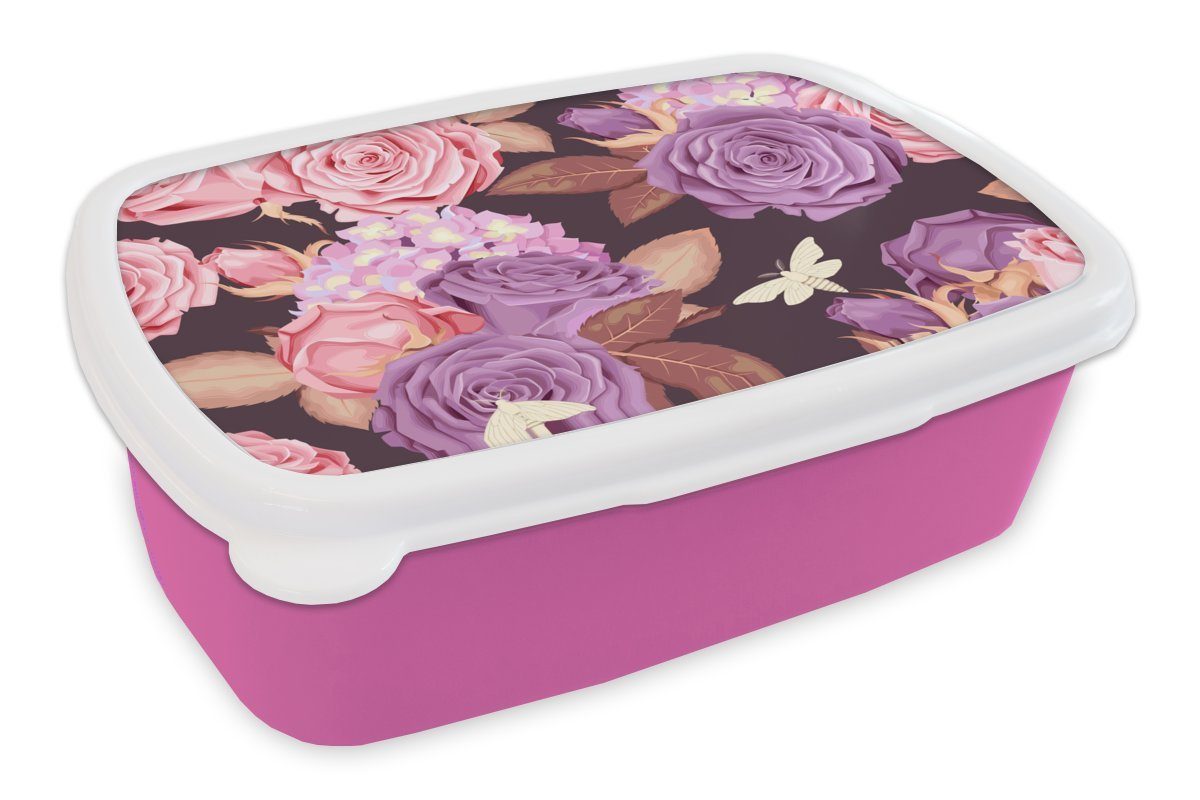 MuchoWow Lunchbox Blumen - Schmetterlinge - Lila - Rosa, Kunststoff, (2-tlg), Brotbox für Erwachsene, Brotdose Kinder, Snackbox, Mädchen, Kunststoff