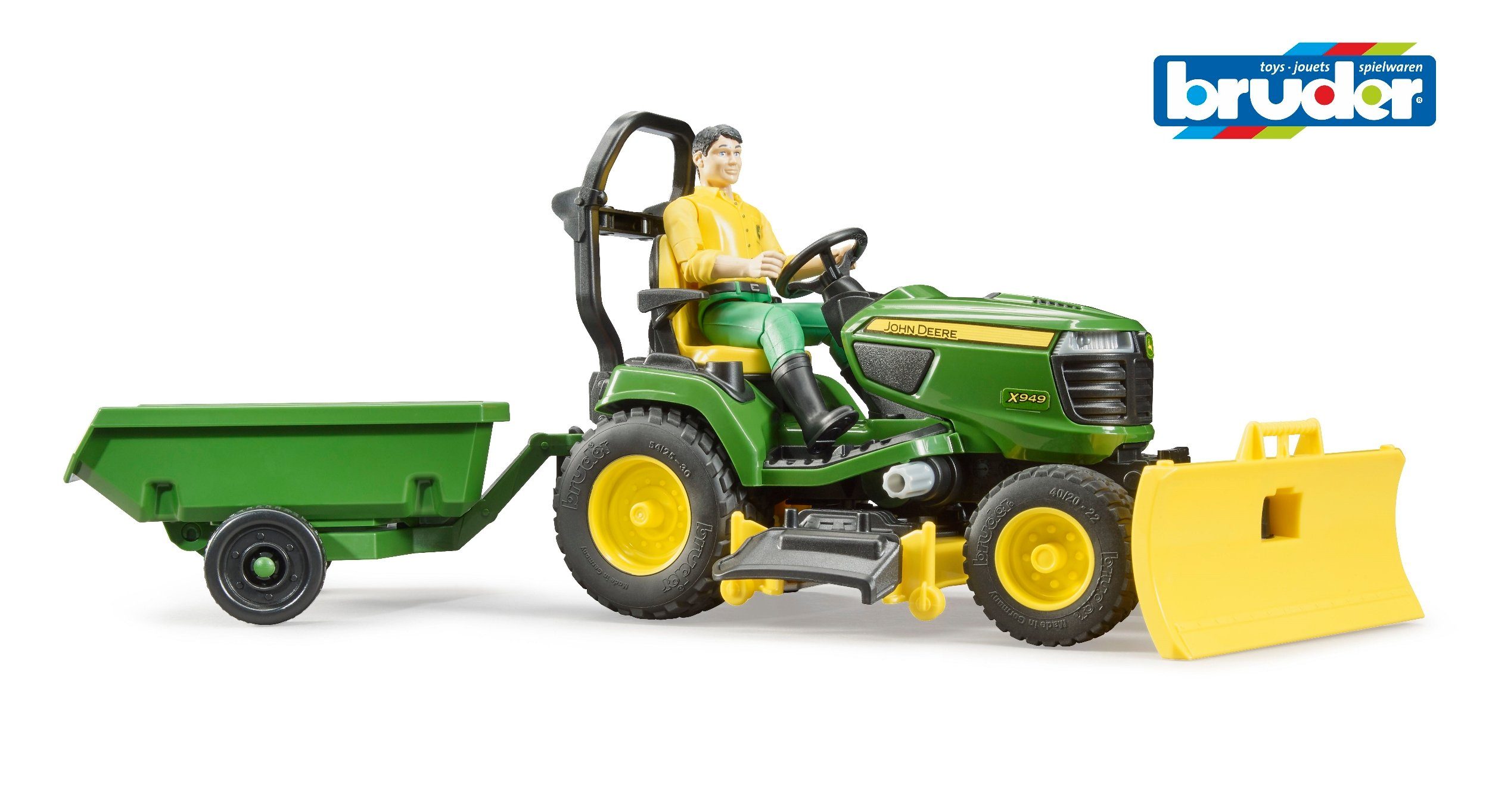 Bruder® Spielzeug-Traktor bworld John Deere Aufsitzrasenmäher mit Anhänger  und Gärtner (62104), Made in Germany