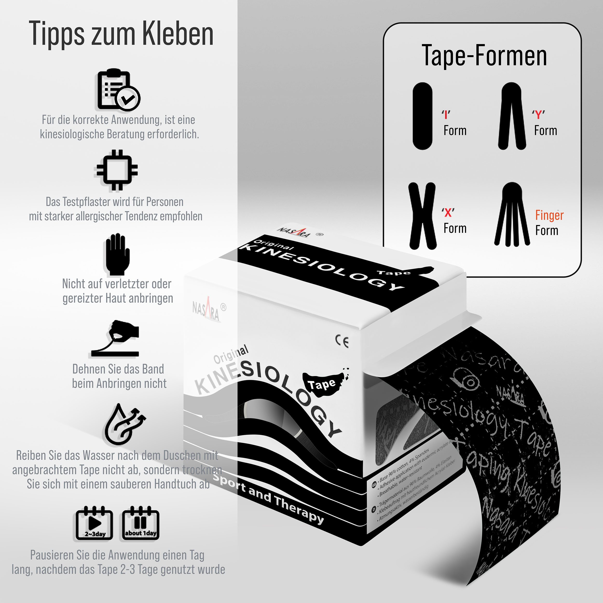 NASARA Kinesiologie-Tape 5m x 5 cm Rolle Sport- und Pysiotape mit langer Haftdauer in Schwarz 5m x 50 mm
