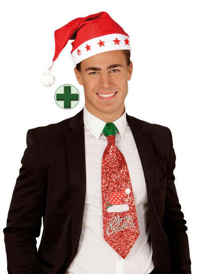 Karneval-Klamotten Kostüm Krawatte Weihnachten + Weihnachtsmütze leuchtend, Set Weihnachten für Weihnachtsfeier
