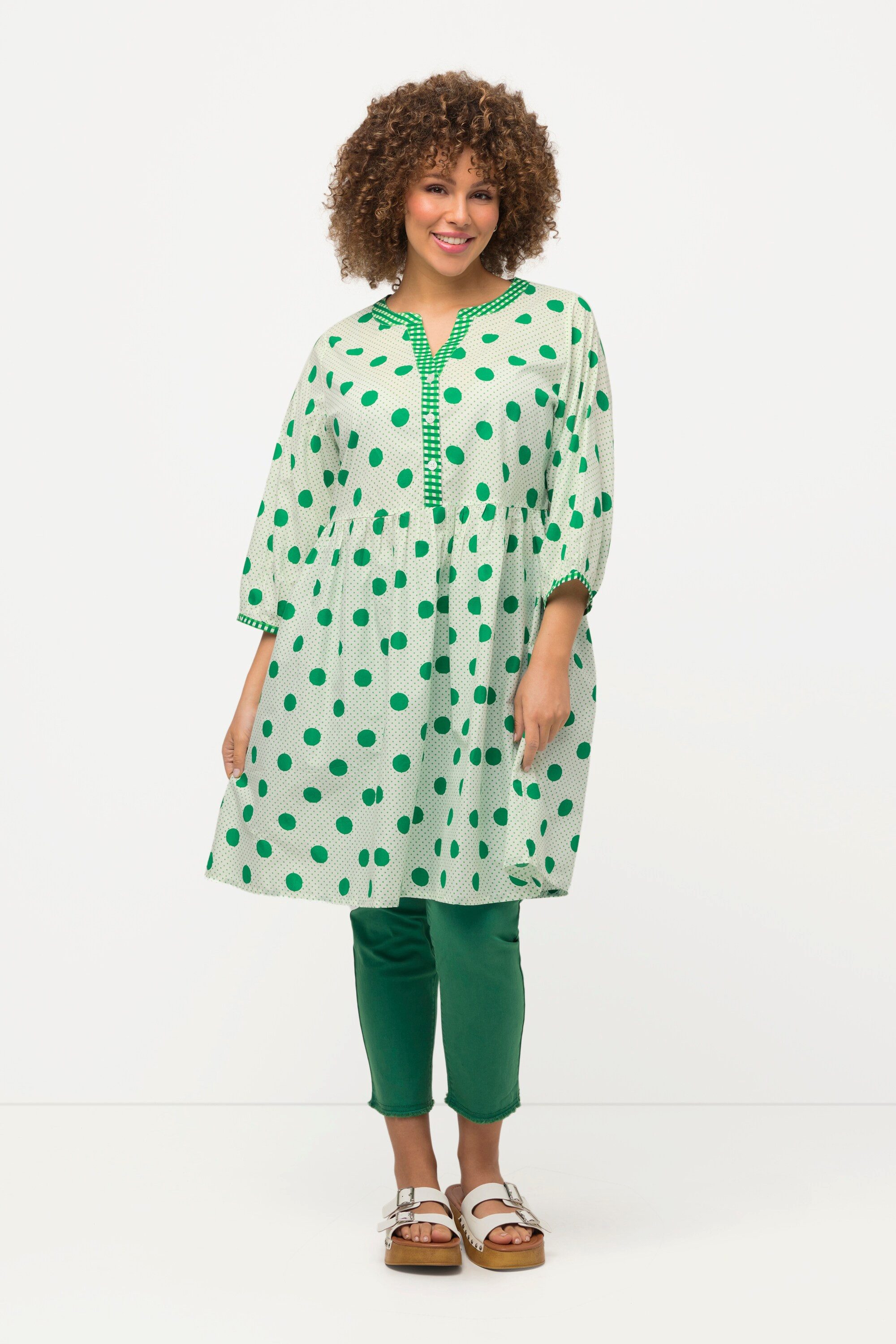 Ulla Popken Tunika Longtunika Punkte A-Linie V-Ausschnitt 3/4-Arm günstig online kaufen