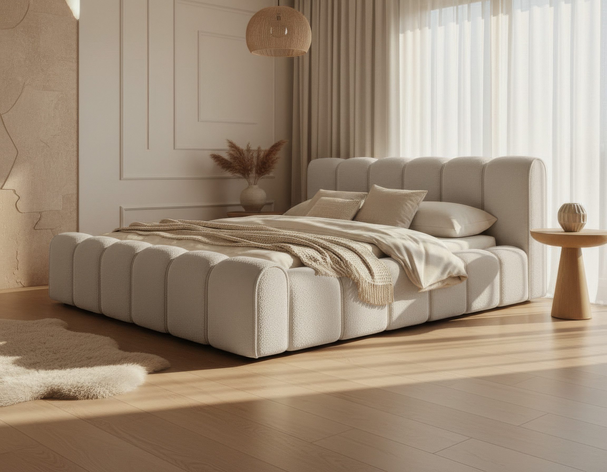 yourhouse24 Polsterbett Designer Loop Bouclé (Bettgestell mit Lattenrost und Bettkasten), Boucle-Stoff, Steppkopfteil, Bettkasten, pflegeleicht, stilvoll