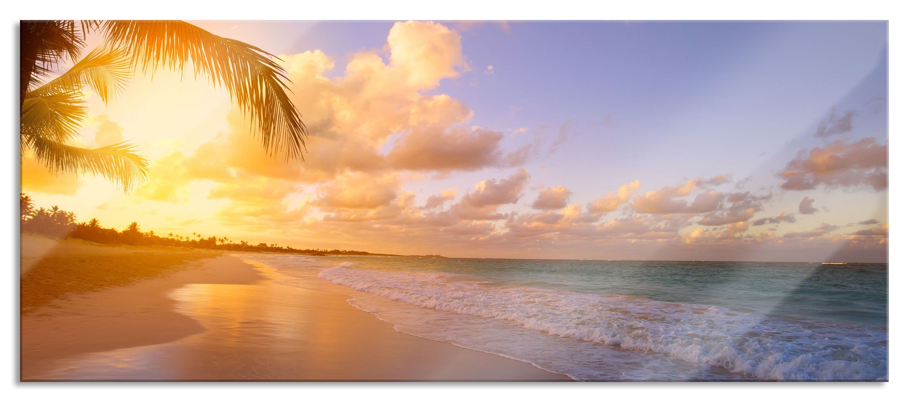 Glasbild Strand bei Sonnenuntergang