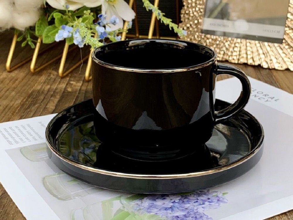 ZELLERFELD Kaffeeservice 12-Teiliges Kaffeeset aus Porzellan mit  Untertassen Kaffeebecher Tasse Schwarz mit Gold Umrandung
