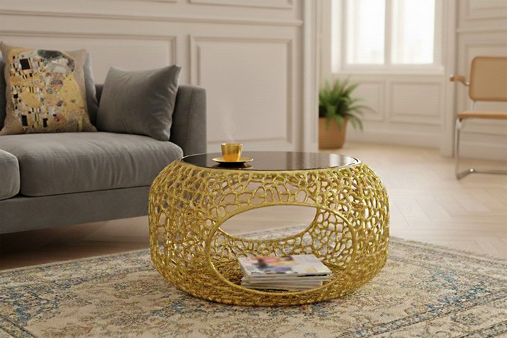 riess-ambiente Couchtisch SPIN Ø75cm gold / schwarz - Schwarzglas, Metall, Stauraum, handmade (Einzelartikel, 1-St), runder Beistelltisch m. individuellem Blattmuster- ideal f. Wohnzimmer