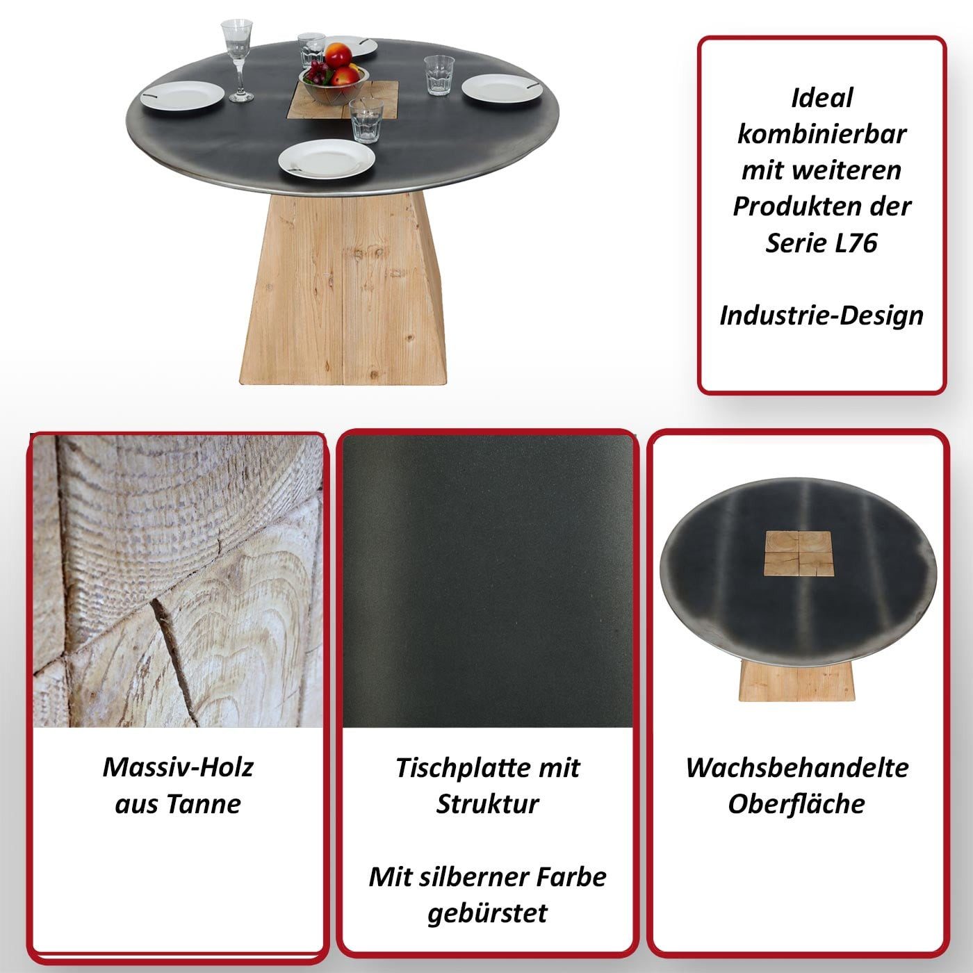 MCW Esstisch MCW-L76-E, Mit silberner Farbe gebürstet, Industrie-Design, Innen hohl