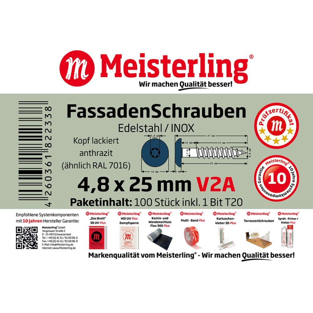 Meisterling® Fassadenschraube INOX, (V2A - 4,8 x 25 mm, Flachkopf Torx T20, 100 Stk), Anthrazit – Bild 3 von 5