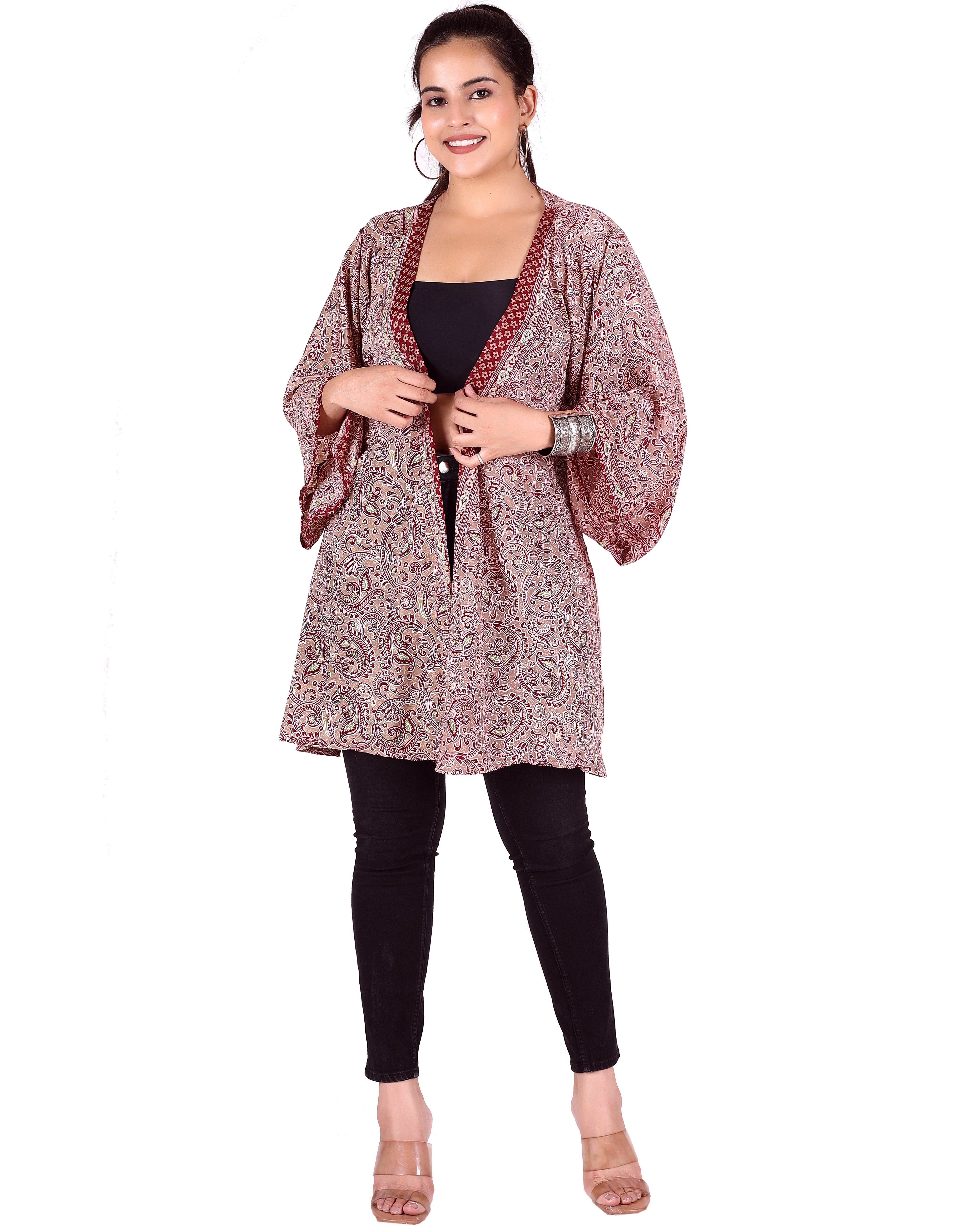 Guru-Shop Kimono alternative Kimonojäckchen, Kimono, Boho Bekleidung kurzer Kimonokleid.., beige/bordeaux