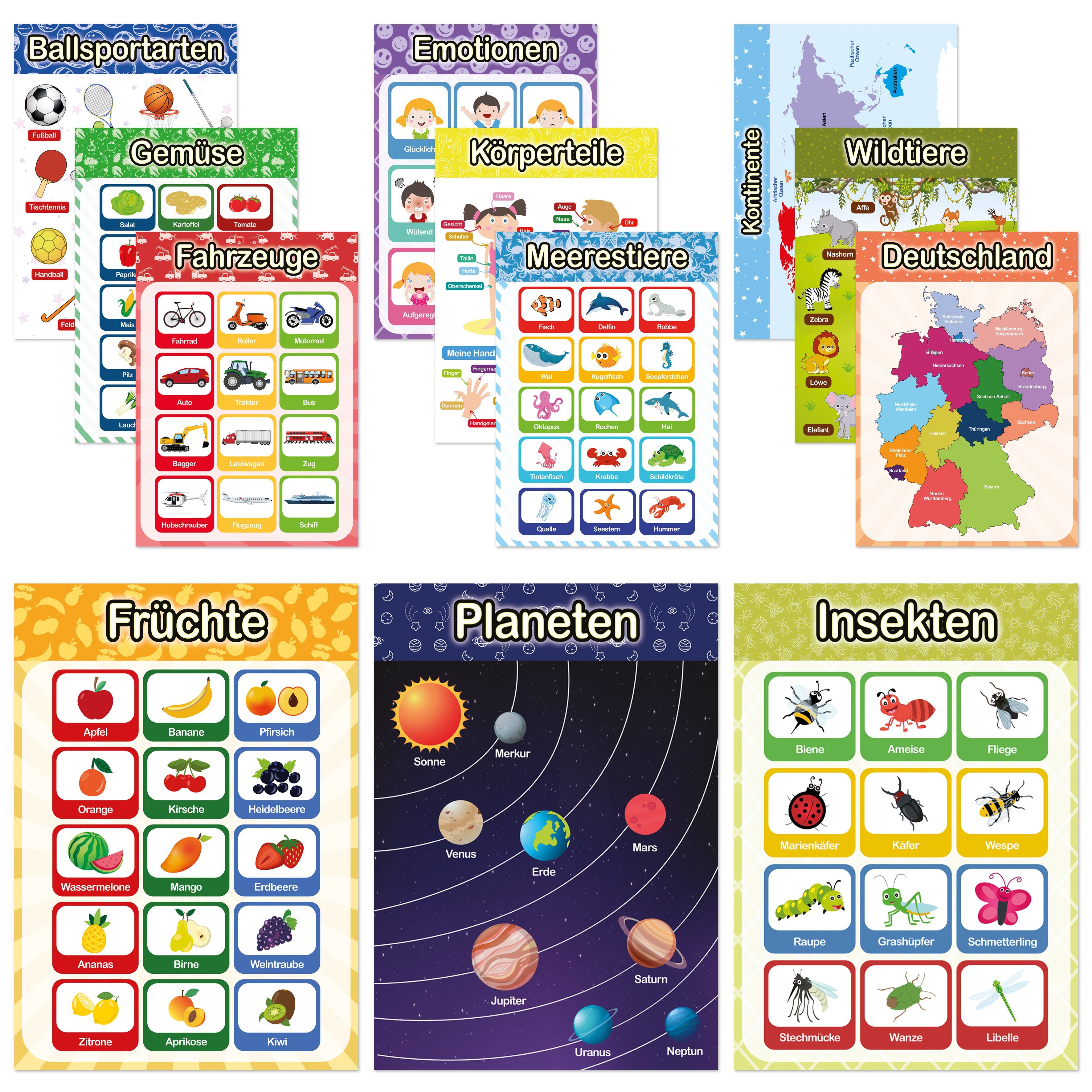 Likarto Poster 12 pädagogische Montessori Lernposter, Grundlagen 2, Extra  dickes Papier und beidseitig laminiert, lernen