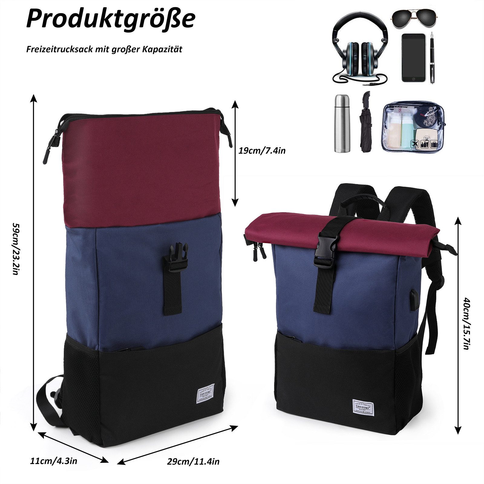 TAN.TOMI Cityrucksack Rucksack Damen Groß Rucksack Herren Groß Schulrucksack (Arbeitsrucksack viele Fächer mit 15,6" Laptopfach/USB-Anschluss), Unisex Rolltop Rucksack Wasserdicht, Lässiger Backpack