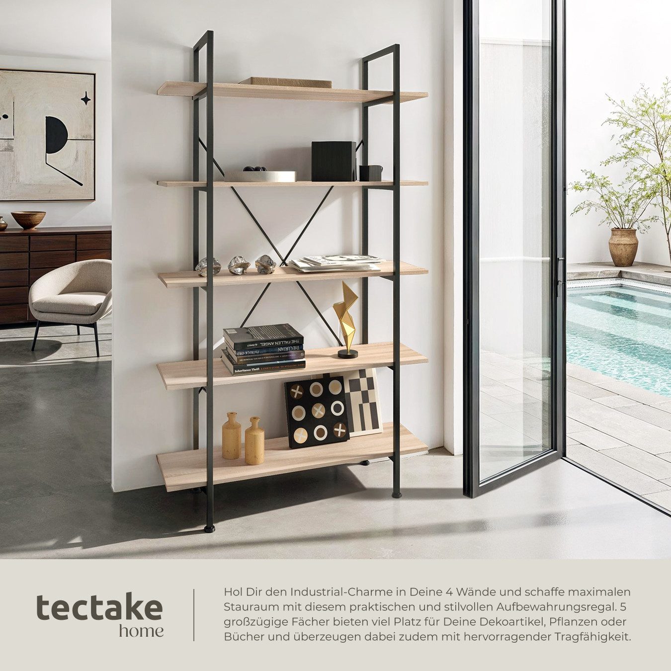 tectake Bücherregal Standregal, inklusive Kippschutz, 106 x 34,5 x 179,5 cm, Holzregal Glasgow 1-tlg., mit 5 Ebenen, mit höhenverstellbaren Kunststofffüßen