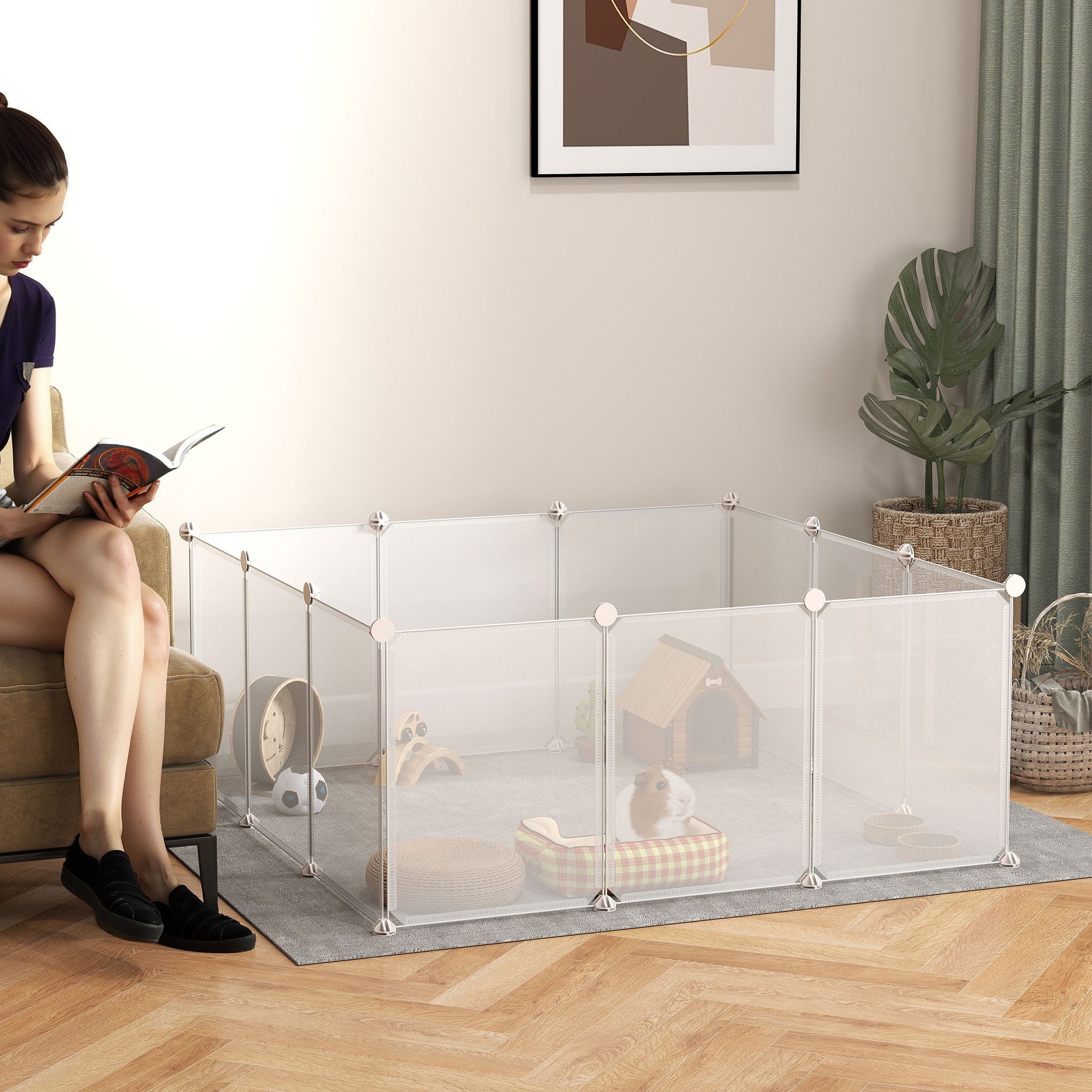 PawHut Kleintierkäfig Freigehege, Freilaufgehege, Igel, Meerschweinchen, für Innen 12 Platten Weiß Metall PP-Harz 105 x 105 x 45 cm von PawHut