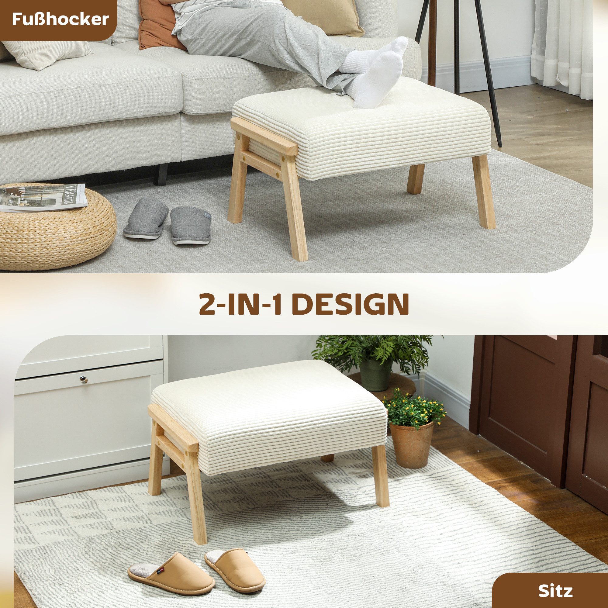 HOMCOM Fußhocker Hocker mit weichem Sitzkissen Holzbeinen mit Cordoptik Ottoman (Polsterhocker, 1 St., Sitzhocker), für Schlafzimmer, Wohnzimmer, Cremeweiß – Bild 4 von 5