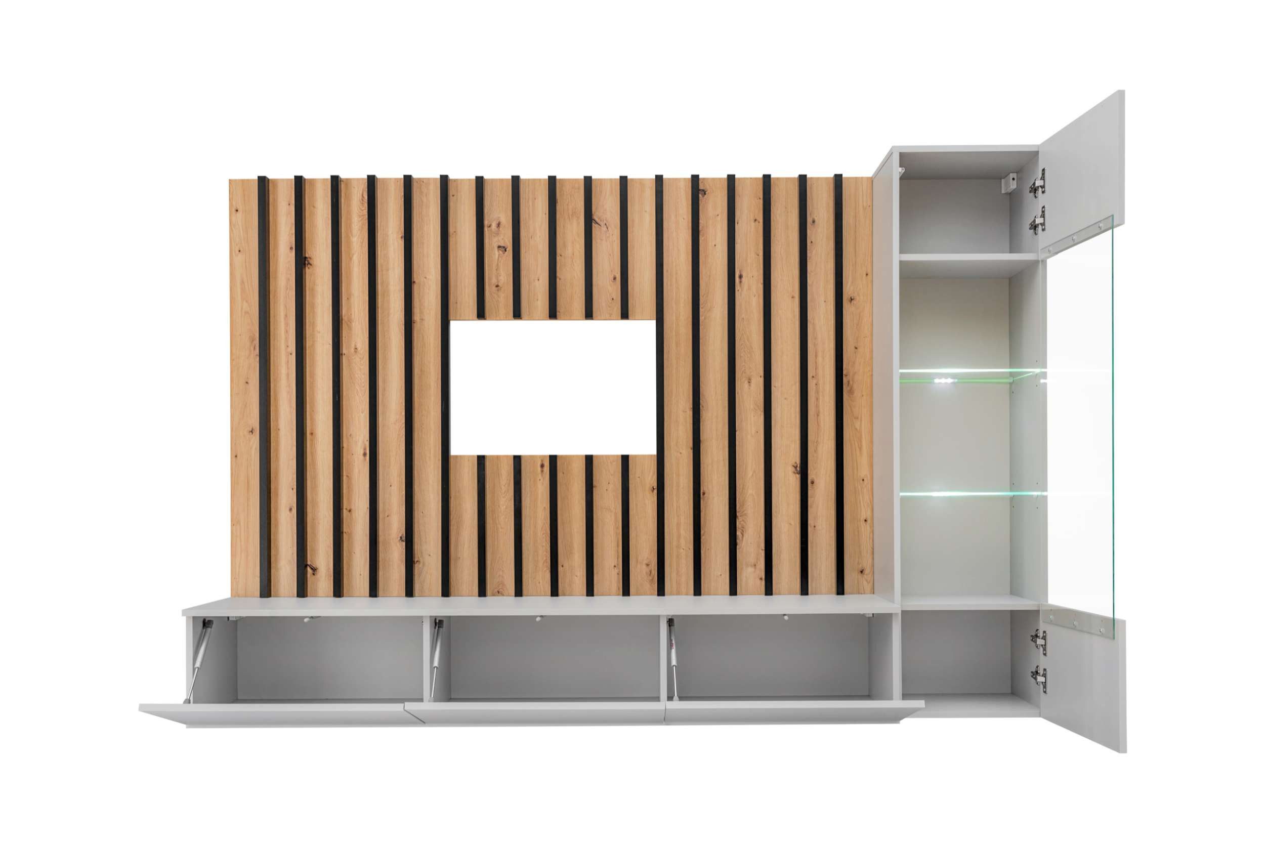 99rooms Wohnwand Vitore, (Wohnzimmer-Set, Wohnmöbel), TV-Lowboard, Vitrine, Paneel mit Lamellen, hängend, LED-Beleuchtung