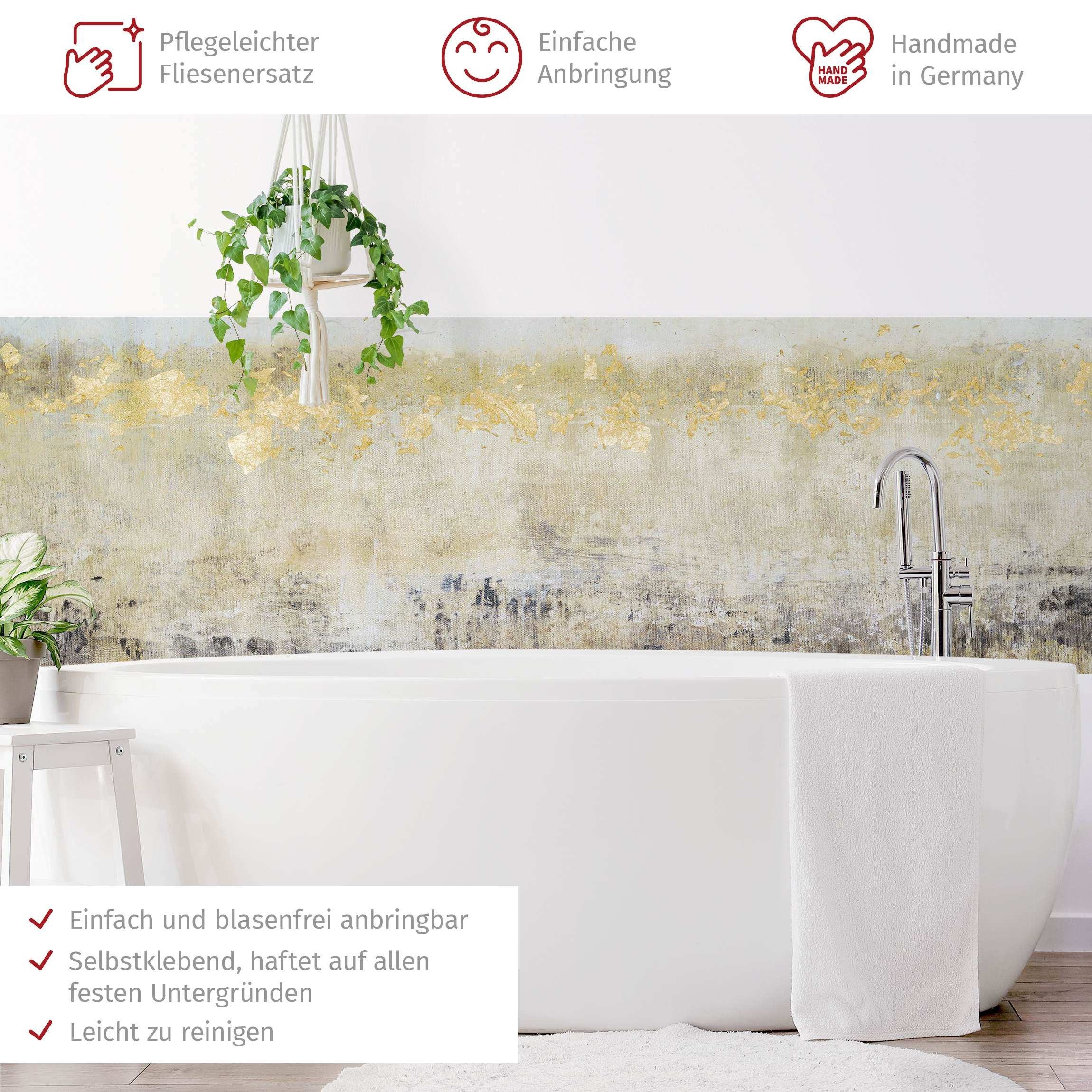 Bilderdepot24 Badrückwand weiss fugenlose Wandverkleidung Bad Abstrakt, (Hartfolie matt » Selbstklebend SMART 0,35 mm), wasserfestes Wandpaneel Goldene Farbfelder I