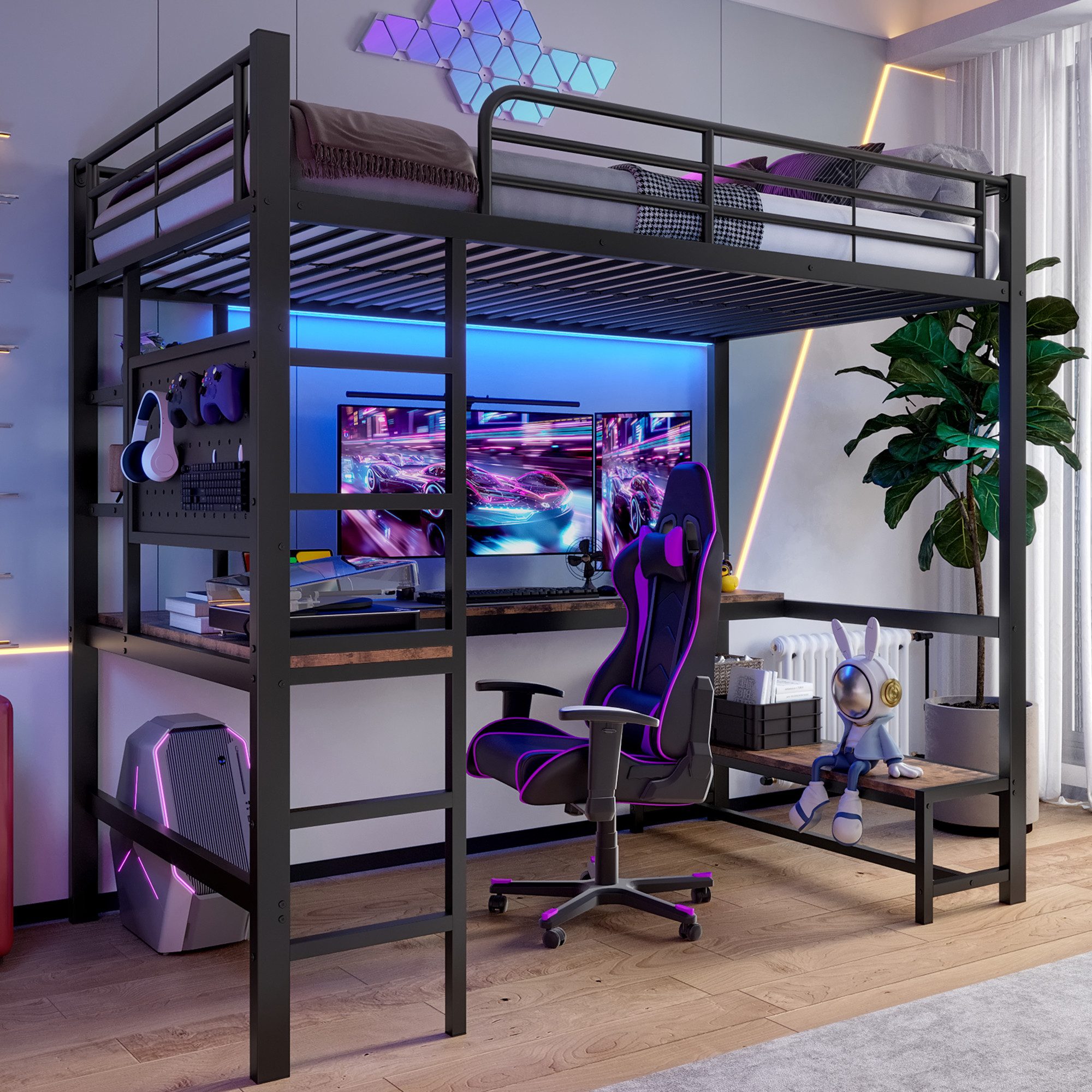 Merax Hochbett mit LED-Leiste, USB und Typ-C (Metall & MDF, 1-St., Etagenbe günstig online kaufen